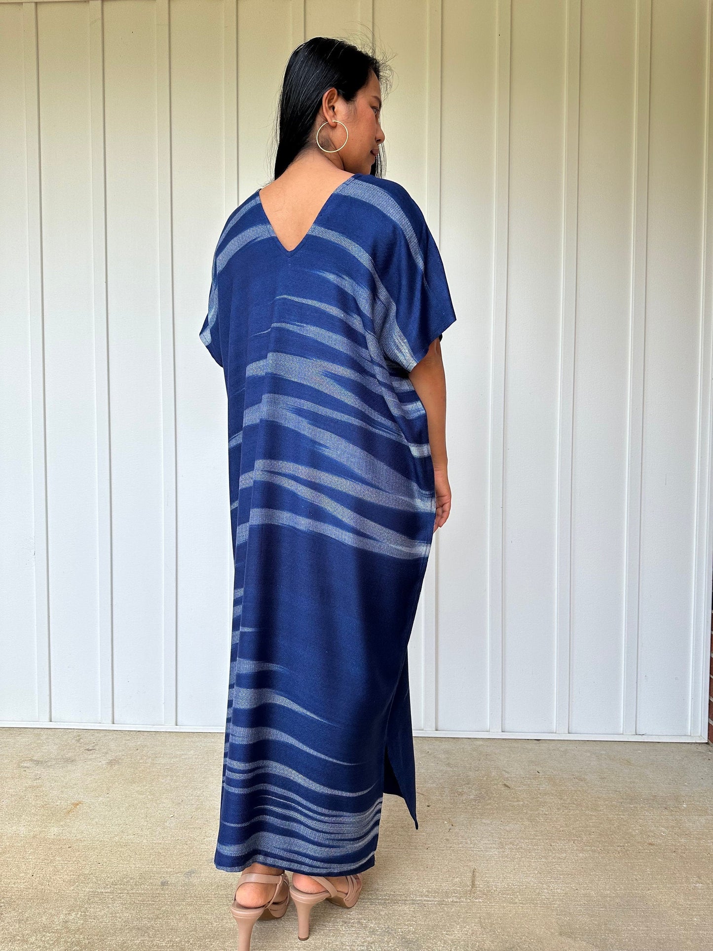 MALA handworks Ikat Hand Woven Pattern Kaftan in Indigo Blue and Light Blue