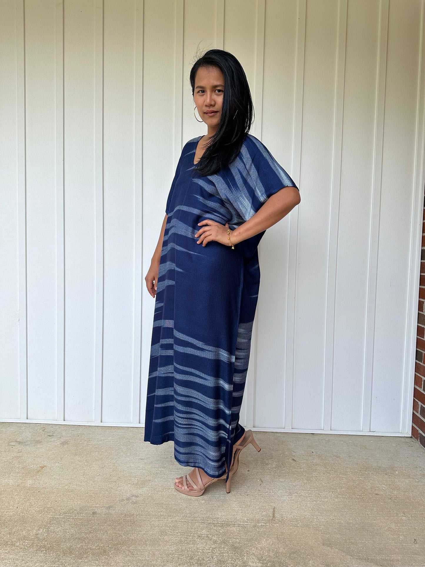 MALA handworks Ikat Hand Woven Pattern Kaftan in Indigo Blue and Light Blue