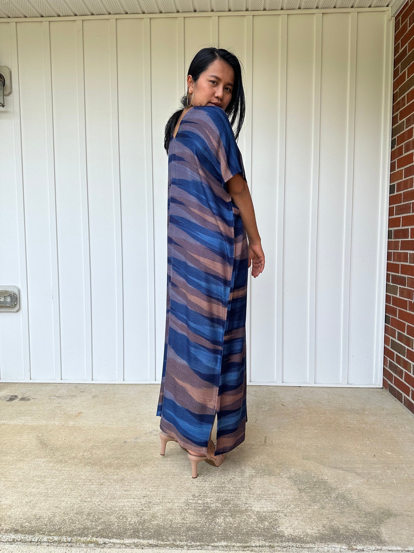 MALA handworks Ikat Hand Woven Pattern Kaftan in Indigo Blue