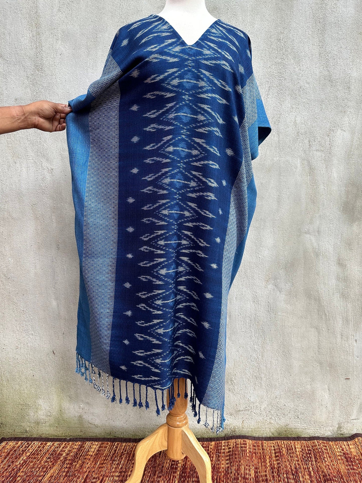 MALA handworks Ikat Hand Woven Pattern Kaftan in Indigo Blue with Light Gray and White