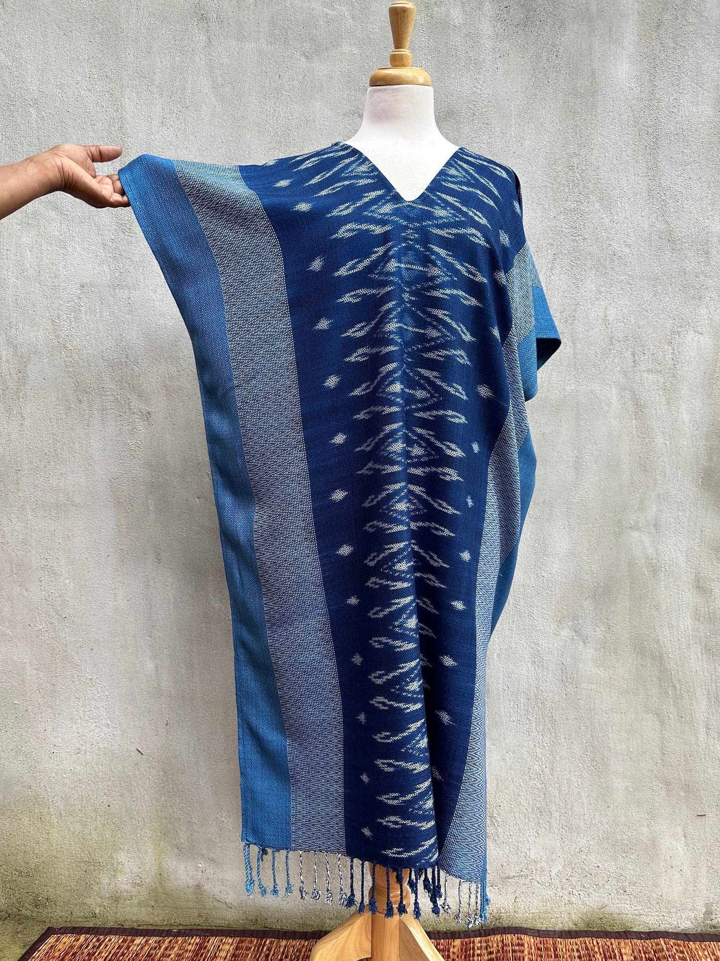 MALA handworks Ikat Hand Woven Pattern Kaftan in Indigo Blue with Light Gray and White