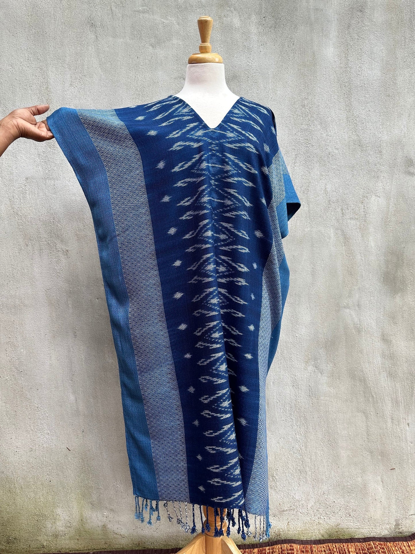MALA handworks Ikat Hand Woven Pattern Kaftan in Indigo Blue with Light Gray and White