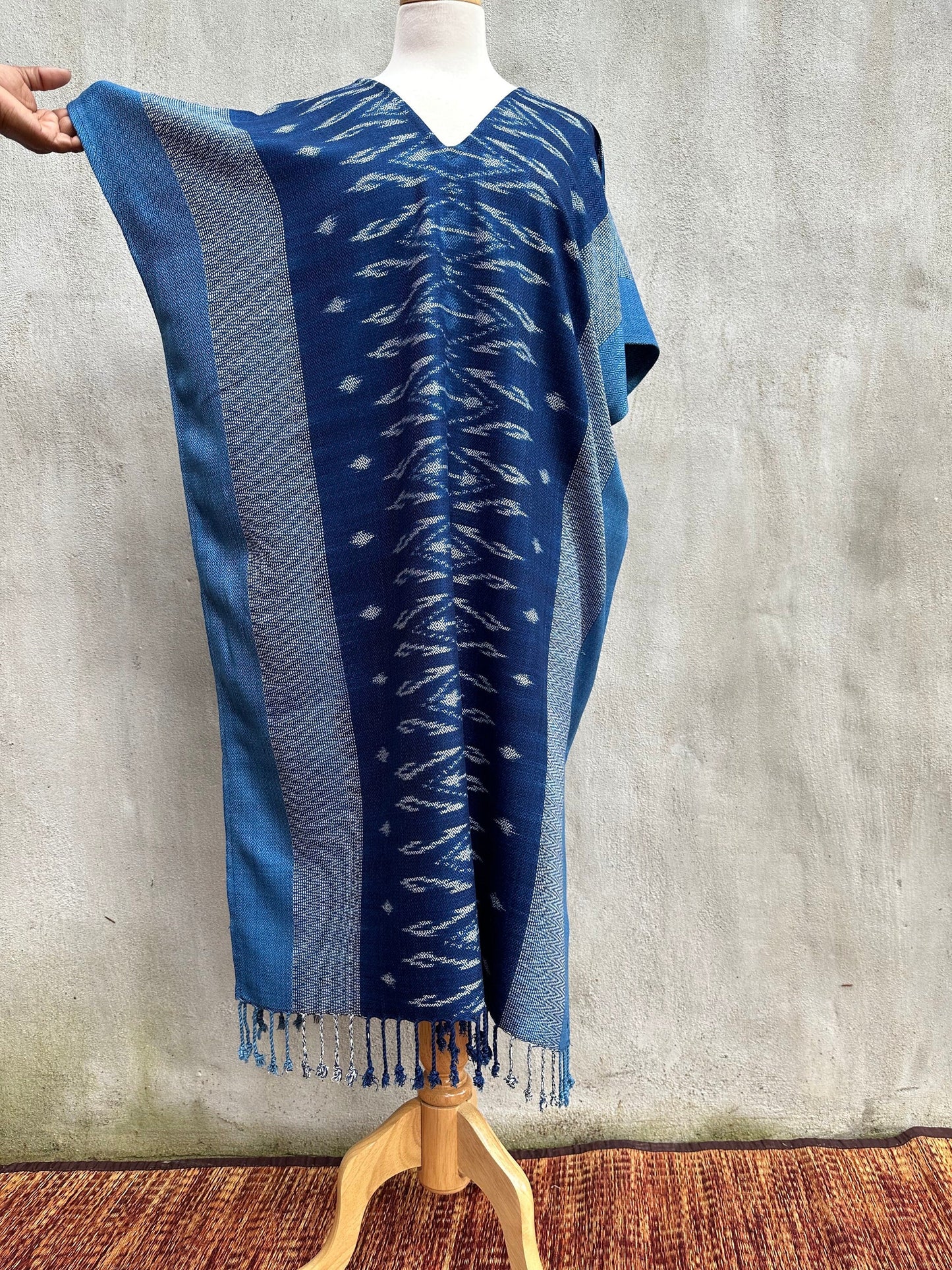 MALA handworks Ikat Hand Woven Pattern Kaftan in Indigo Blue with Light Gray and White