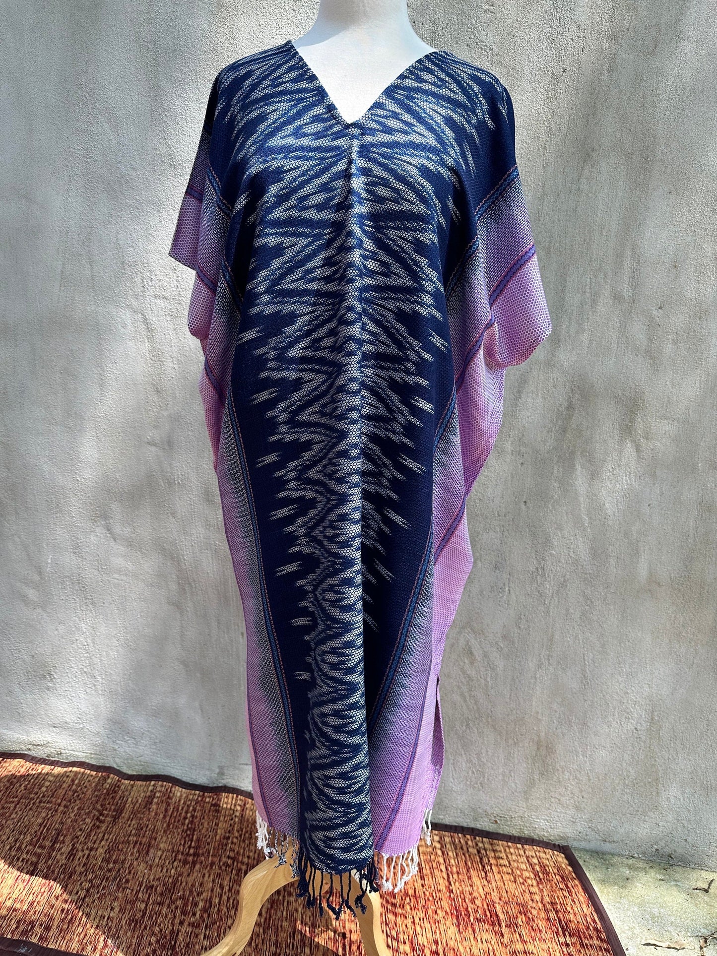 MALA handworks Ikat Hand Woven Pattern Kaftan in Indigo Blue with Light Purple and White