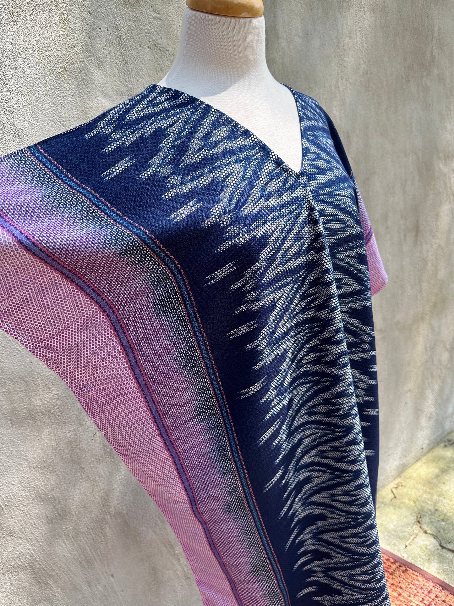 MALA handworks Ikat Hand Woven Pattern Kaftan in Indigo Blue with Light Purple and White