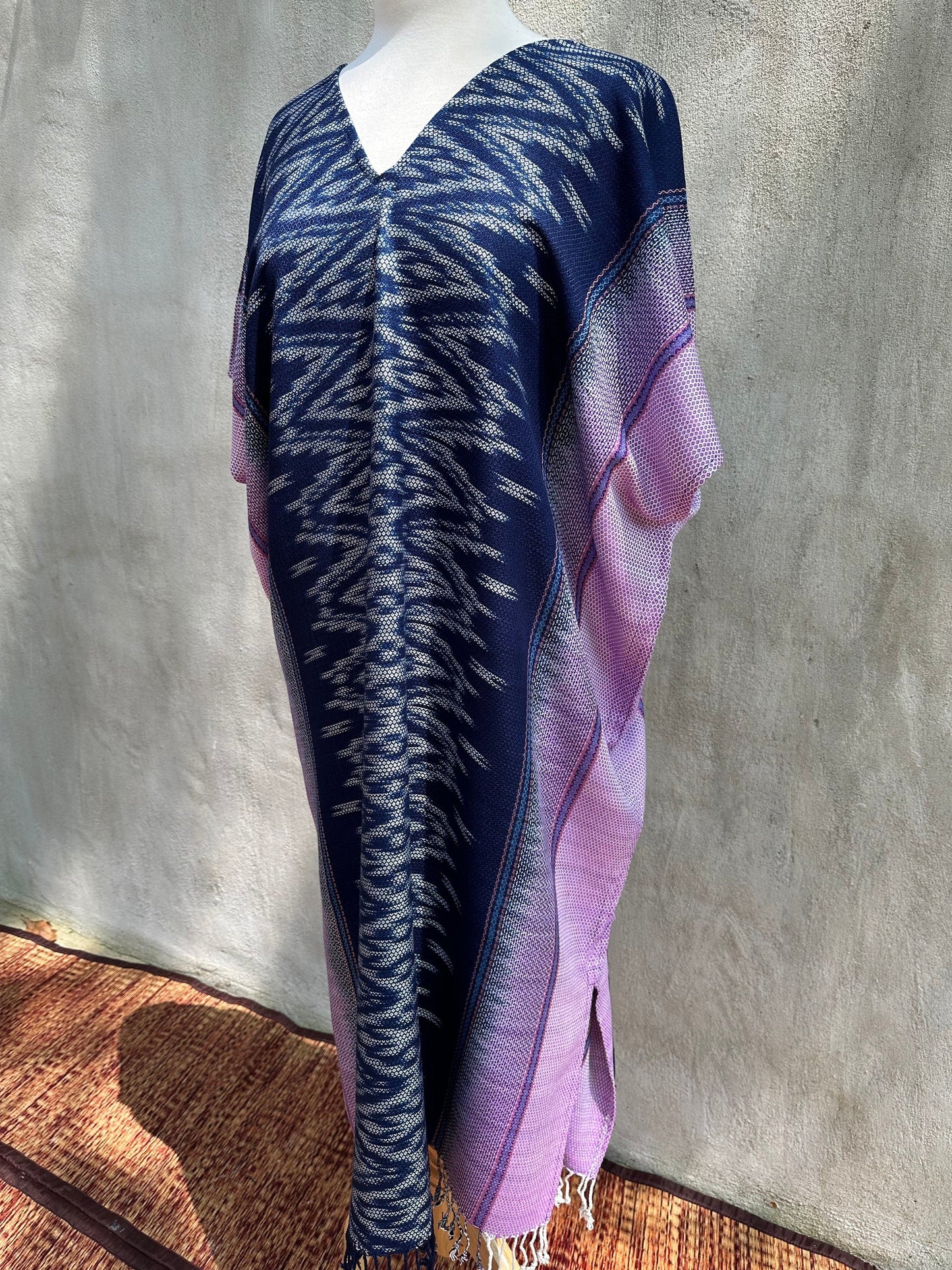 MALA handworks Ikat Hand Woven Pattern Kaftan in Indigo Blue with Light Purple and White