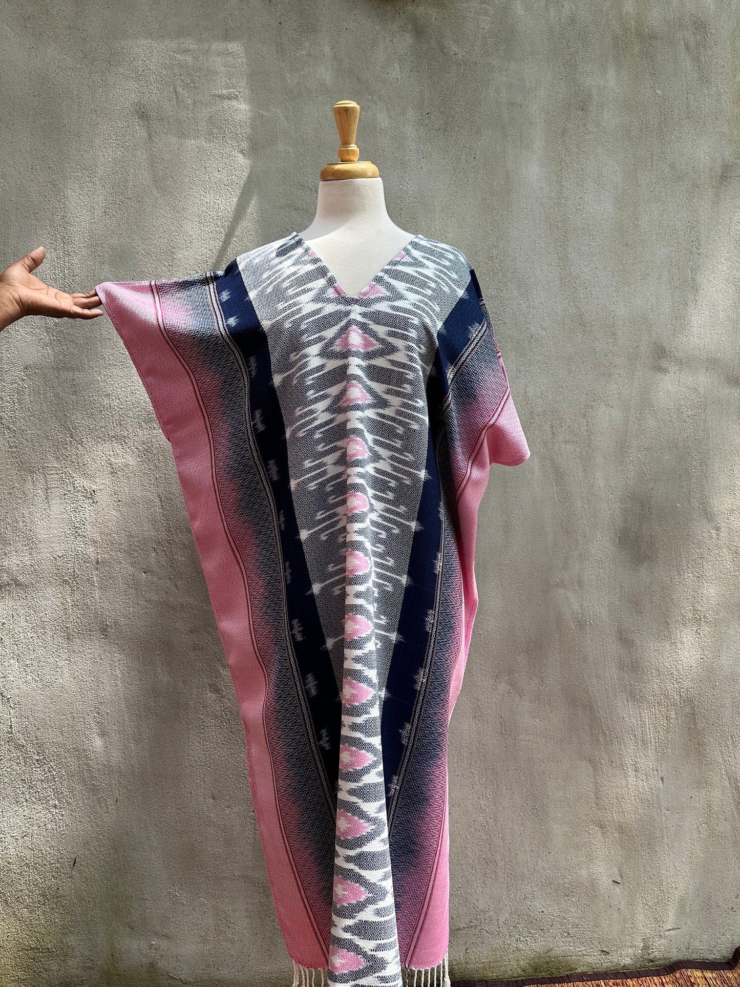 MALA handworks Ikat Hand Woven Pattern Kaftan in Indigo Blue with Pink and White