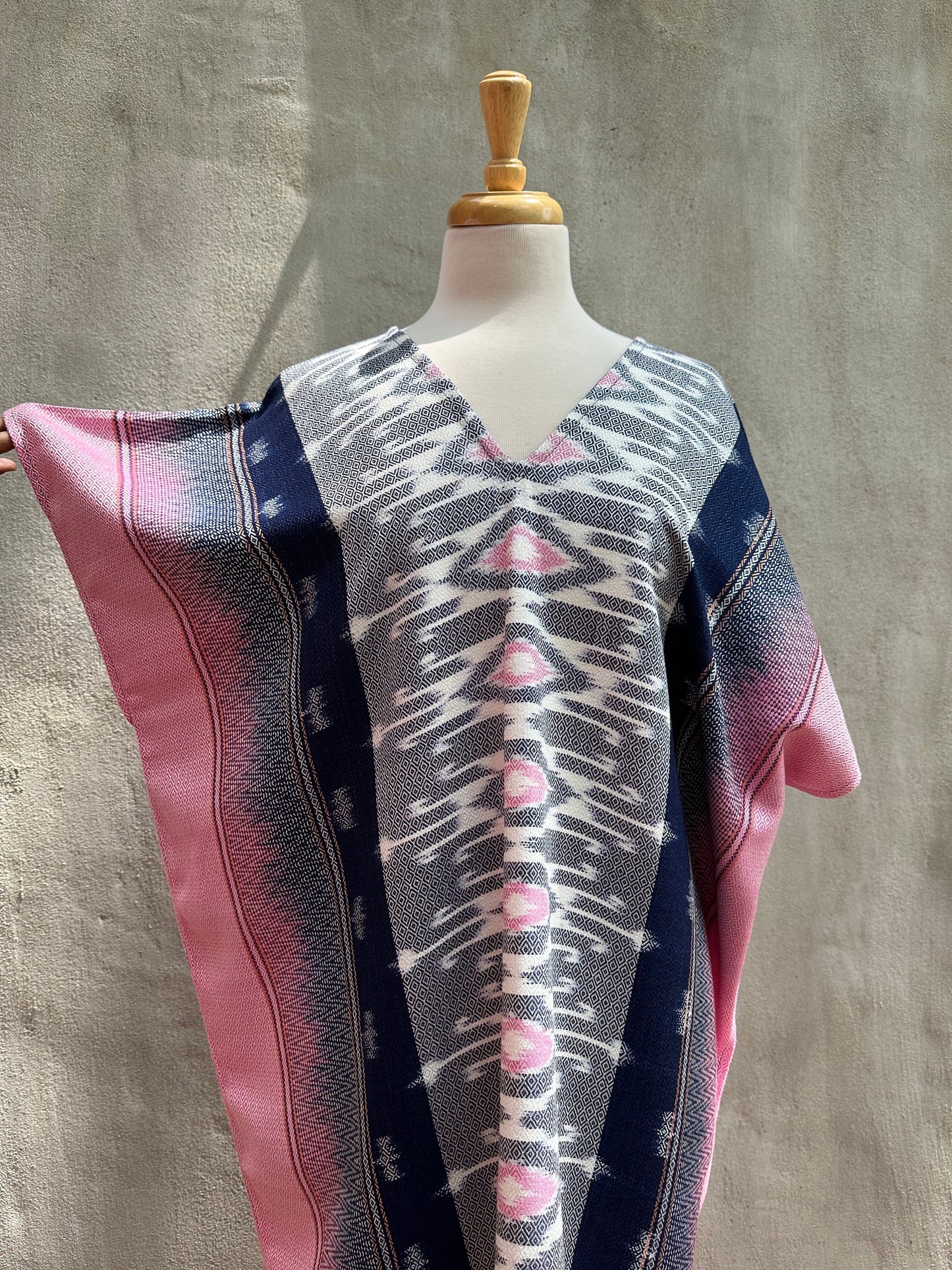 MALA handworks Ikat Hand Woven Pattern Kaftan in Indigo Blue with Pink and White