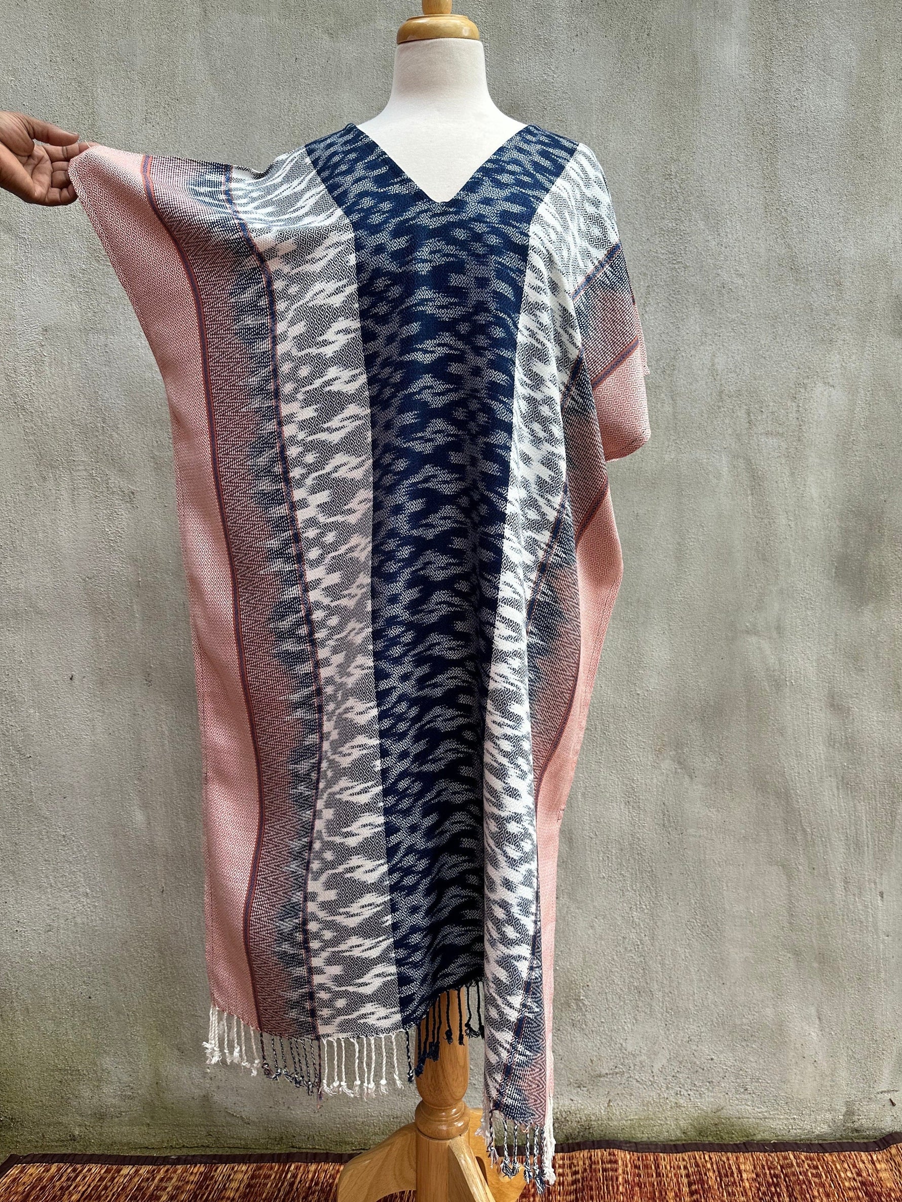 MALA handworks Ikat Hand Woven Pattern Kaftan in Indigo Blue with Pink and White
