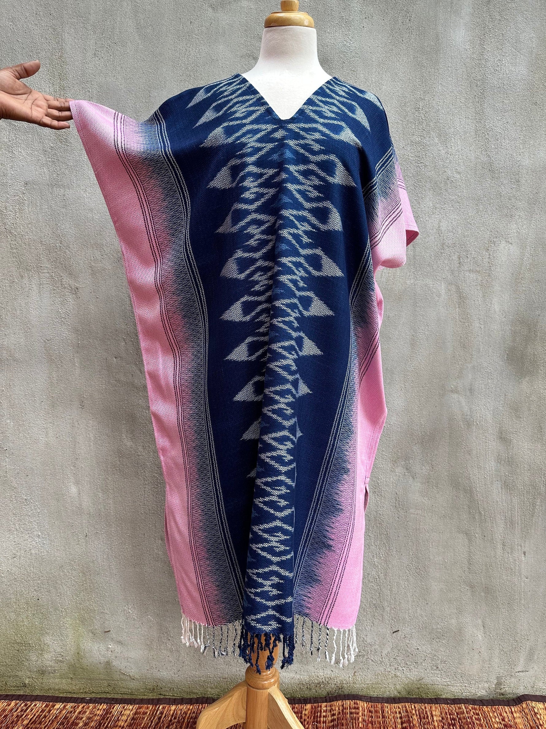 MALA handworks Ikat Hand Woven Pattern Kaftan in Indigo Blue with Pink and White