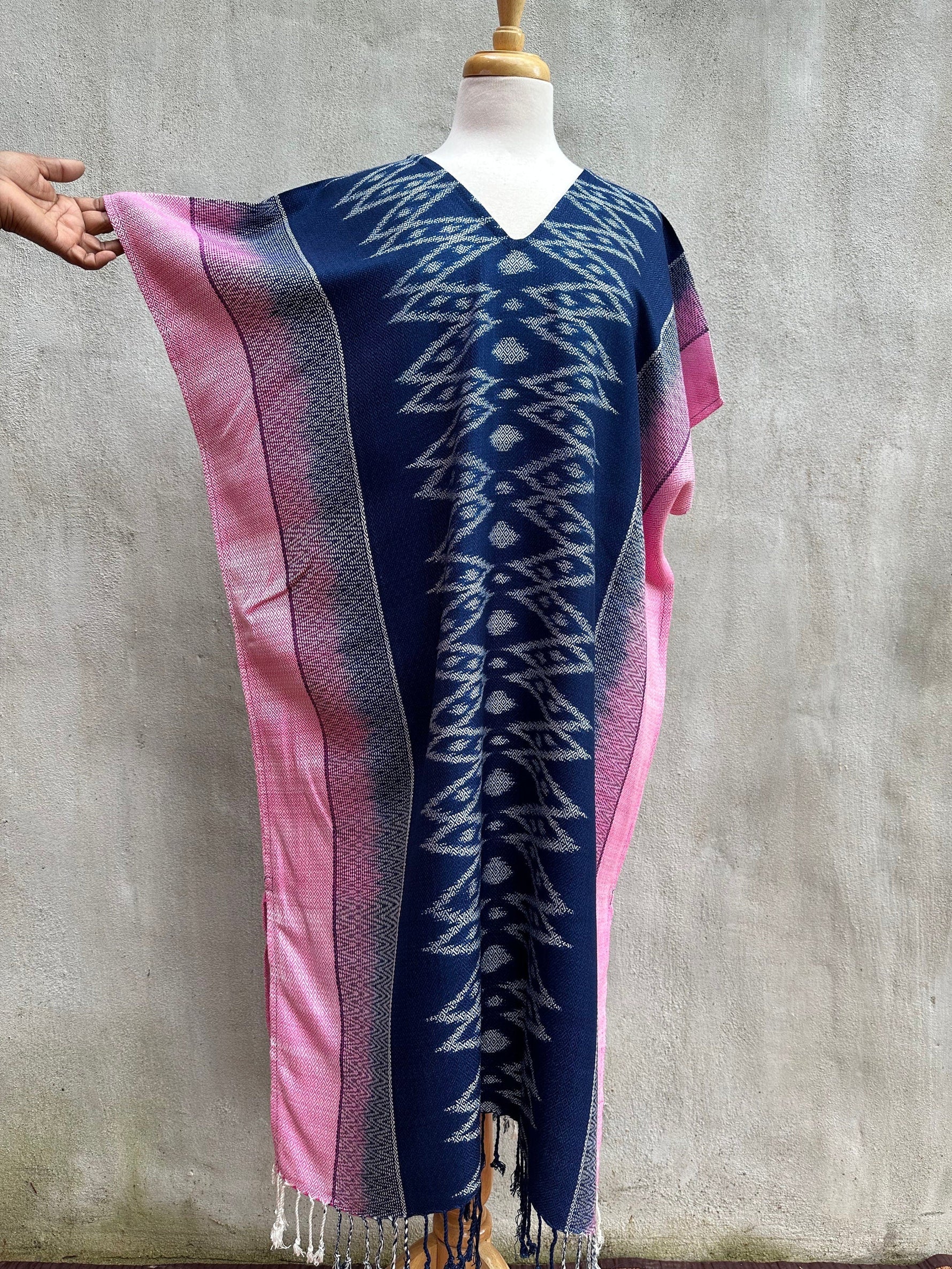 MALA handworks Ikat Hand Woven Pattern Kaftan in Indigo Blue with Pink and White