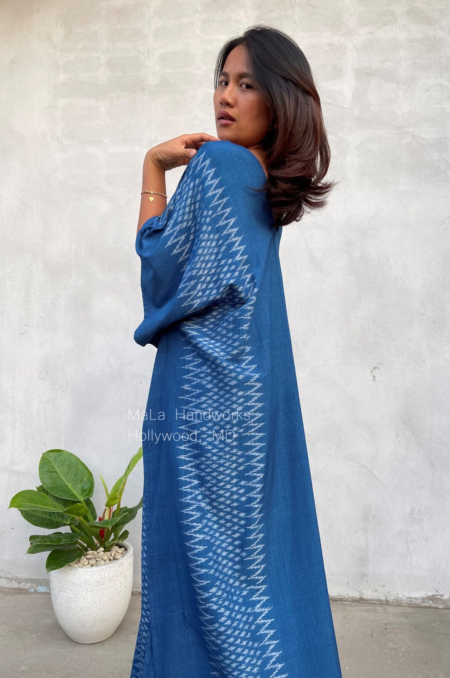 MALA handworks Ikat Hand Woven Pattern Kaftan in Indigo Blue with White and Organic Dye