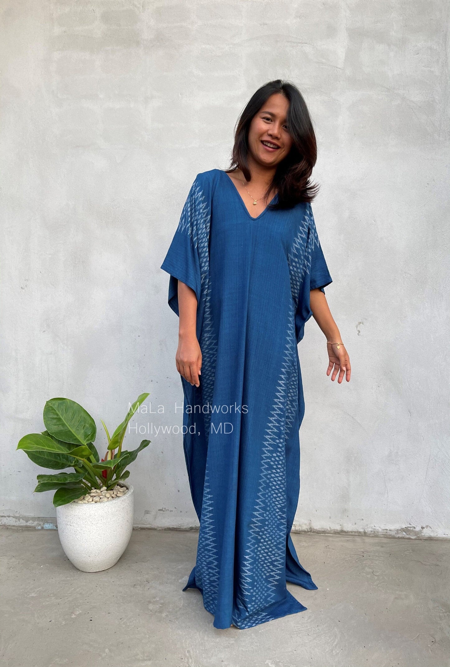 MALA handworks Ikat Hand Woven Pattern Kaftan in Indigo Blue with White and Organic Dye