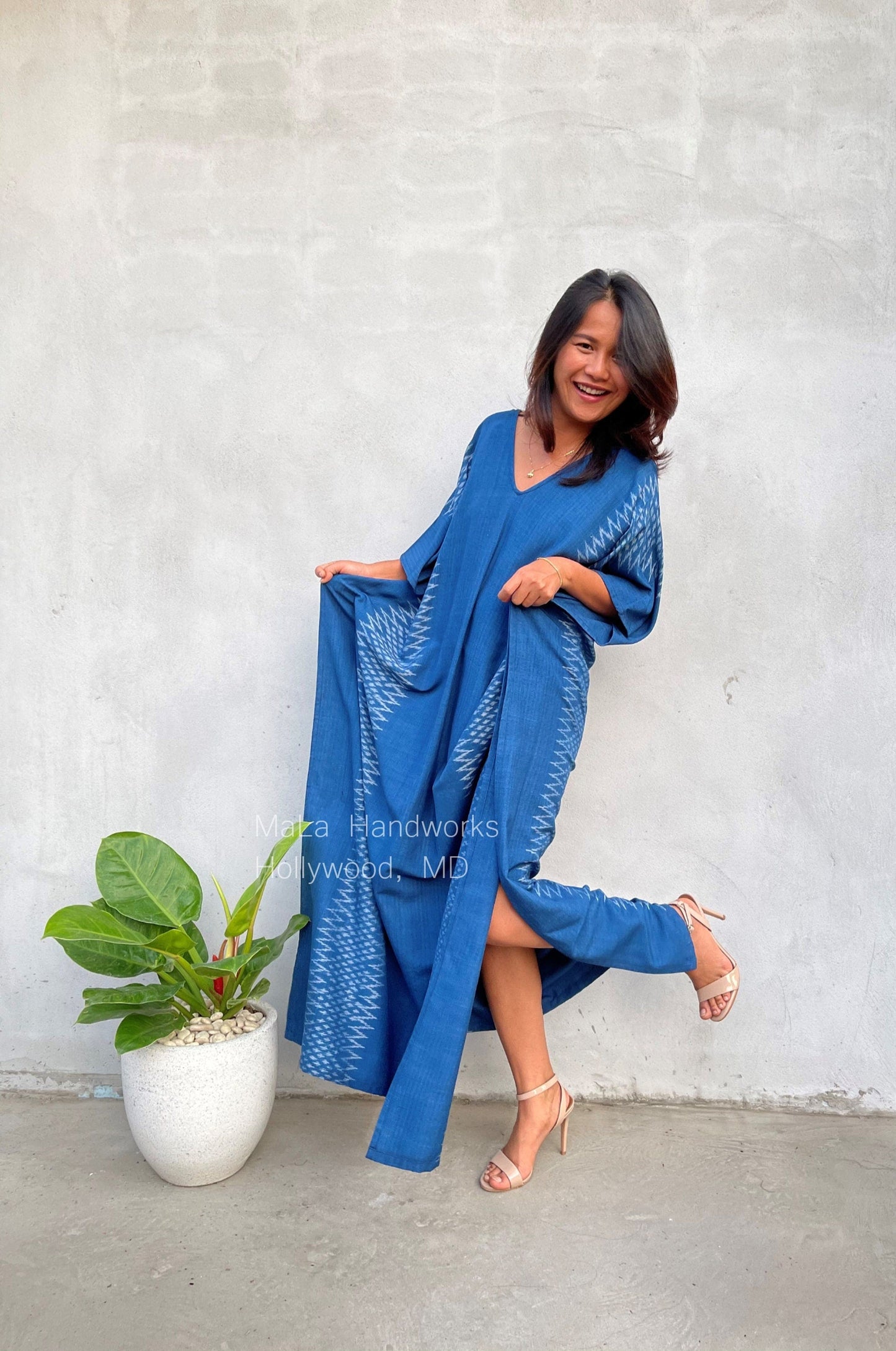 MALA handworks Ikat Hand Woven Pattern Kaftan in Indigo Blue with White and Organic Dye