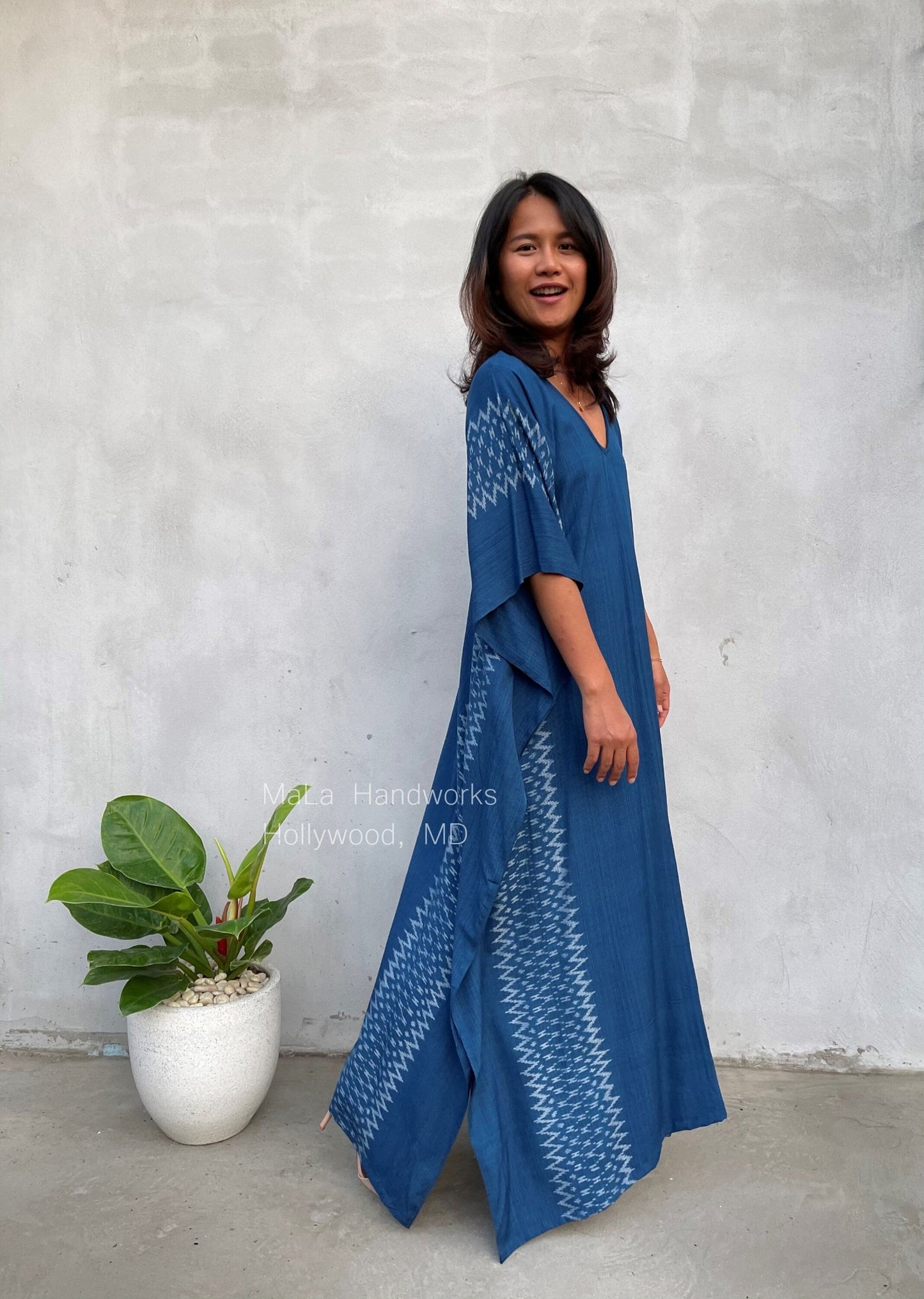 MALA handworks Ikat Hand Woven Pattern Kaftan in Indigo Blue with White and Organic Dye