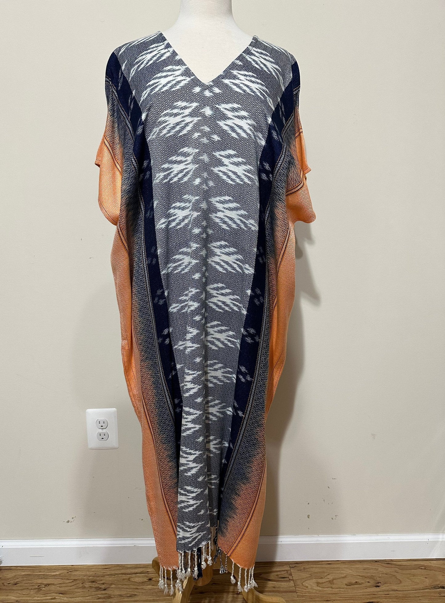 MALA handworks Ikat Hand Woven Pattern Kaftan in Indigo Blue with White and Organic Dye
