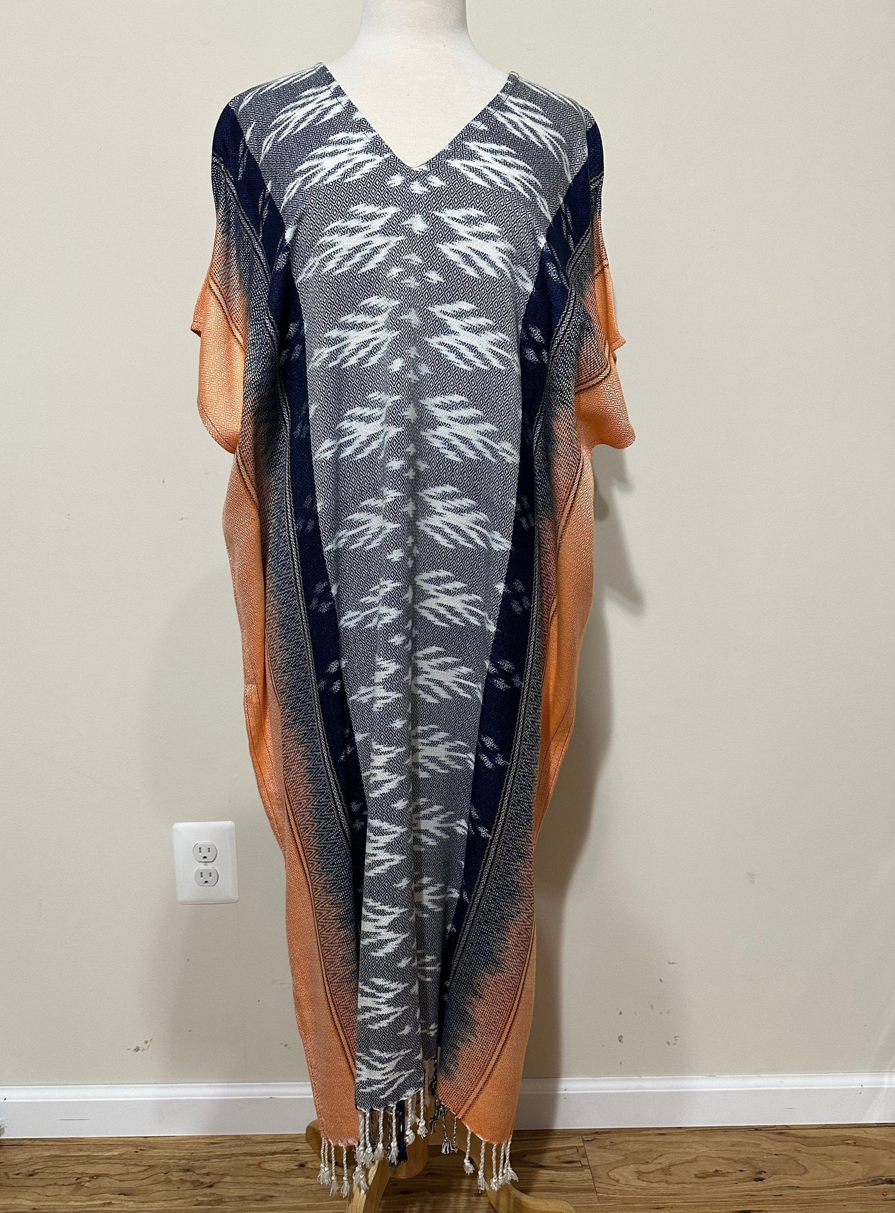 MALA handworks Ikat Hand Woven Pattern Kaftan in Indigo Blue with White and Organic Dye