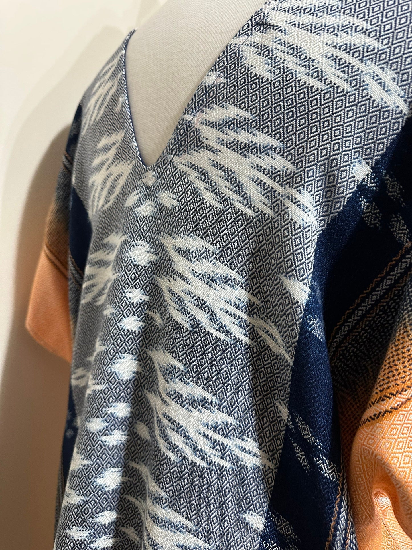 MALA handworks Ikat Hand Woven Pattern Kaftan in Indigo Blue with White and Organic Dye