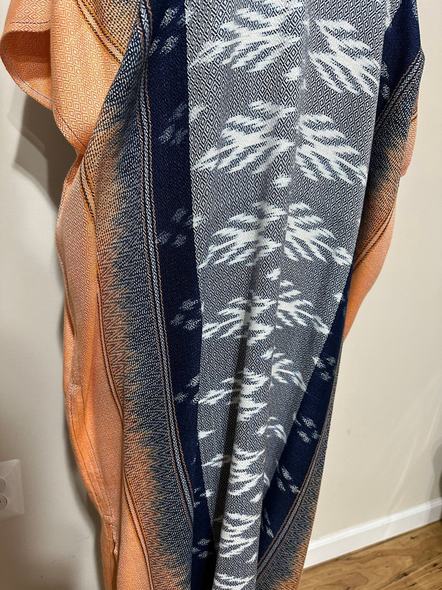 MALA handworks Ikat Hand Woven Pattern Kaftan in Indigo Blue with White and Organic Dye