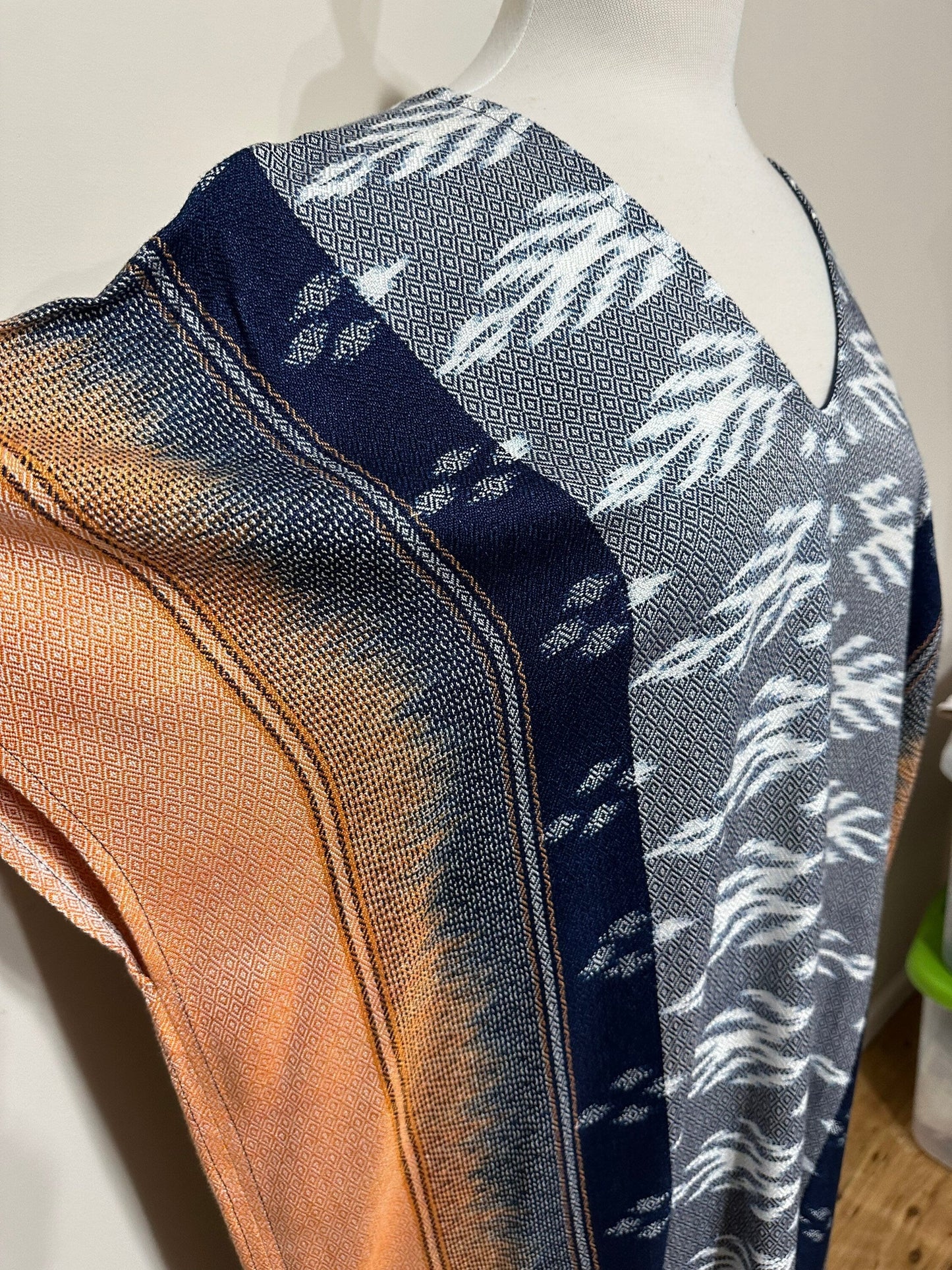 MALA handworks Ikat Hand Woven Pattern Kaftan in Indigo Blue with White and Organic Dye