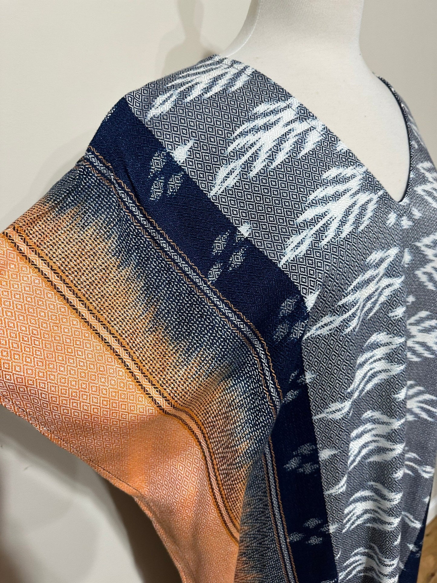 MALA handworks Ikat Hand Woven Pattern Kaftan in Indigo Blue with White and Organic Dye