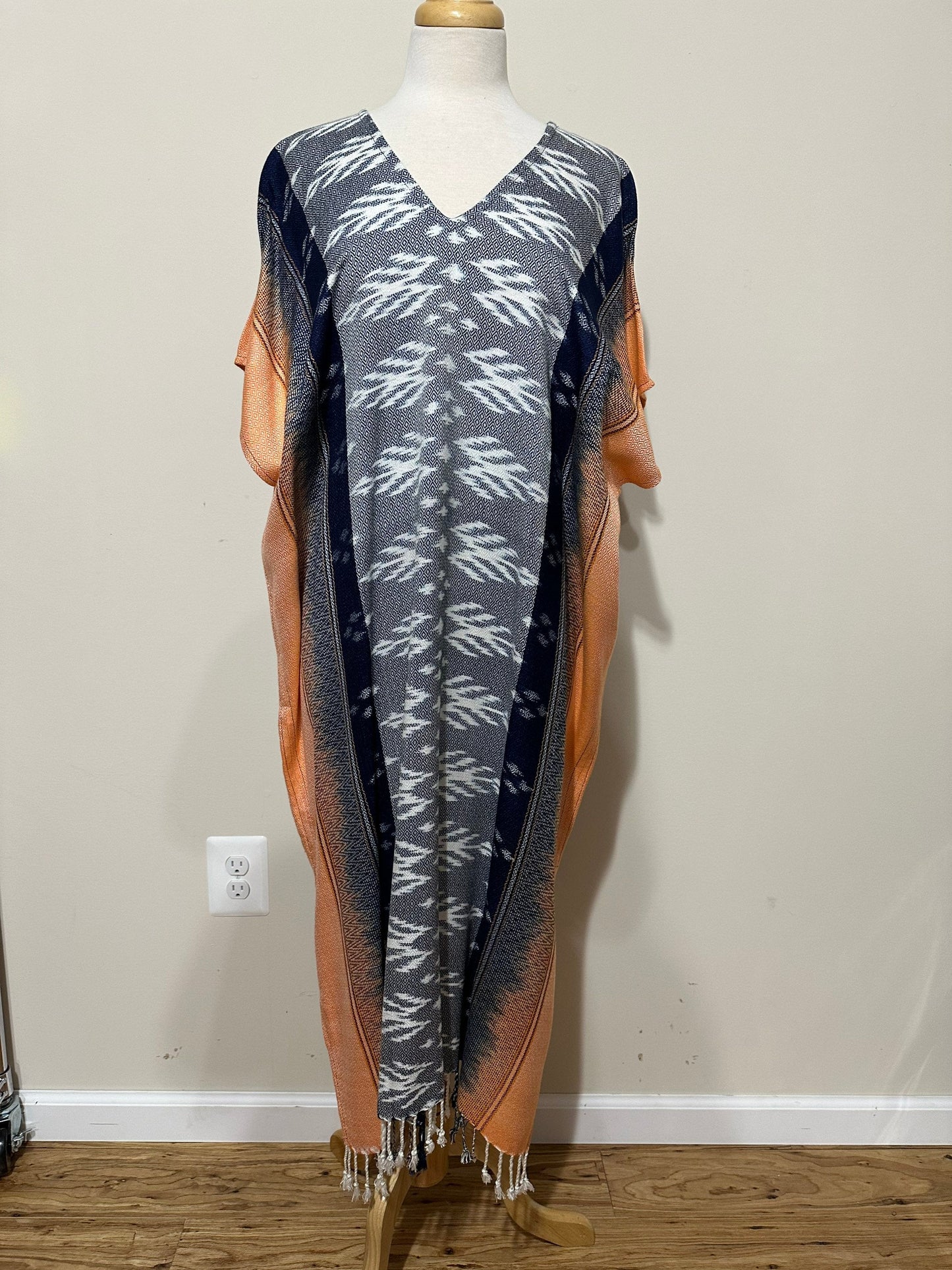 MALA handworks Ikat Hand Woven Pattern Kaftan in Indigo Blue with White and Organic Dye