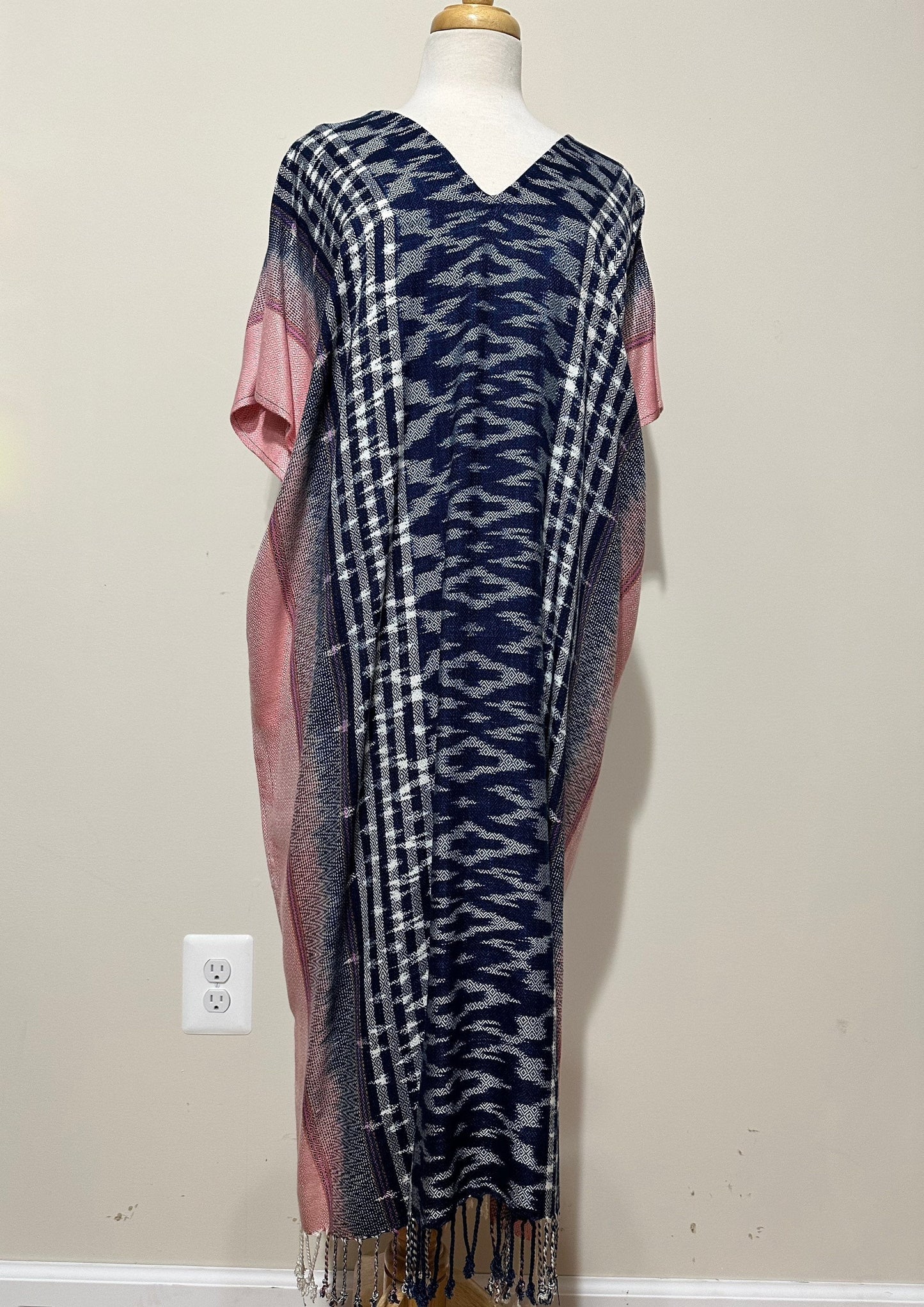 MALA handworks Ikat Hand Woven Pattern Kaftan in Indigo Blue with White and Organic Dye