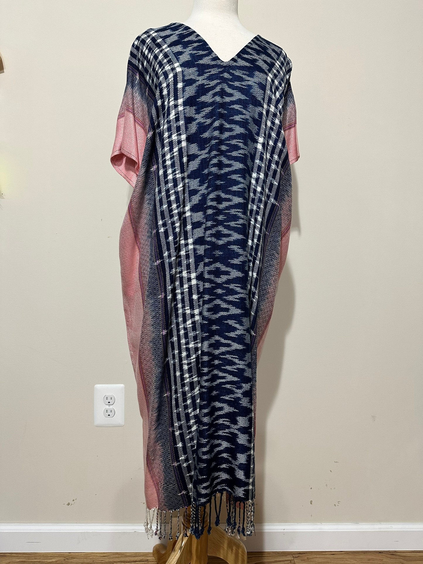 MALA handworks Ikat Hand Woven Pattern Kaftan in Indigo Blue with White and Organic Dye