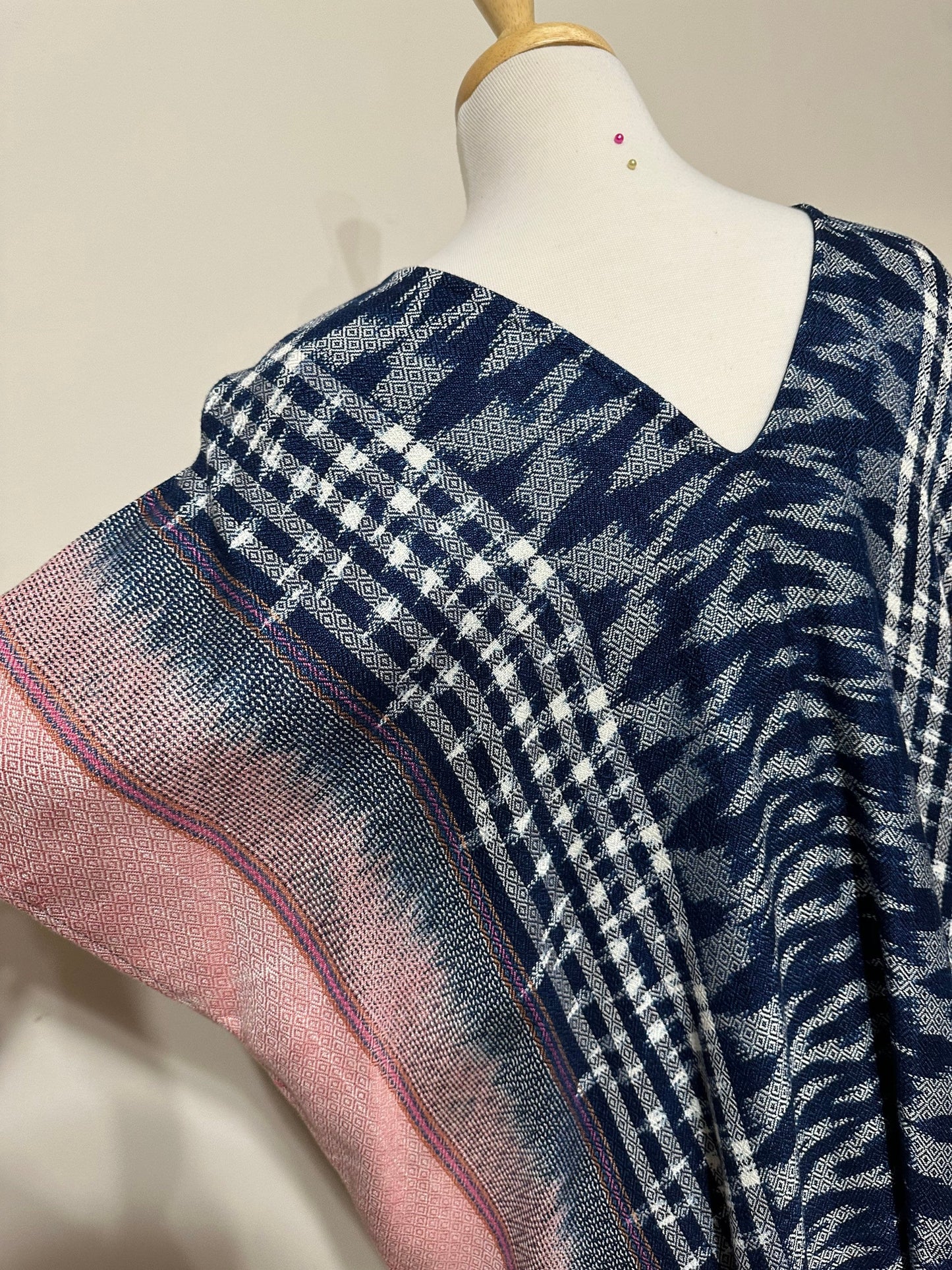 MALA handworks Ikat Hand Woven Pattern Kaftan in Indigo Blue with White and Organic Dye