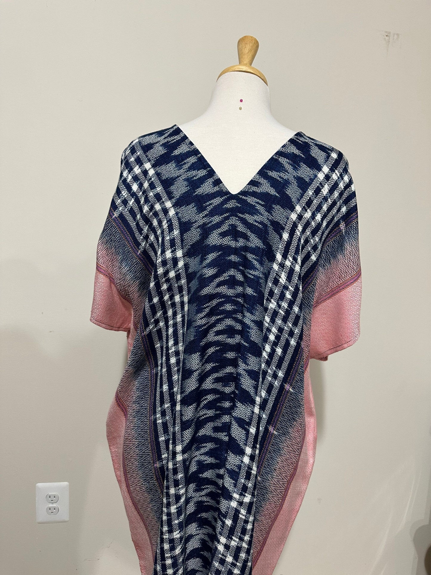 MALA handworks Ikat Hand Woven Pattern Kaftan in Indigo Blue with White and Organic Dye