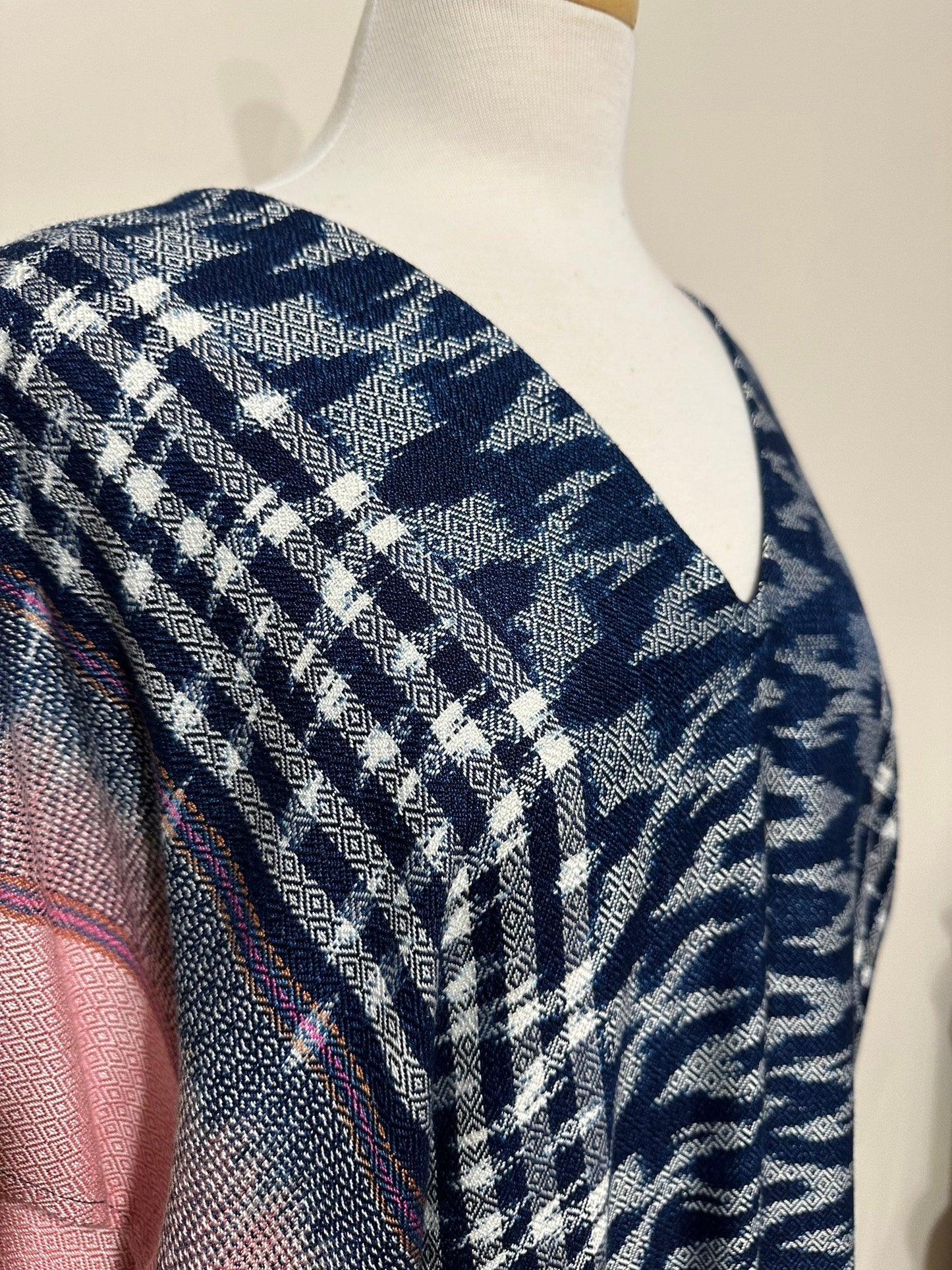 MALA handworks Ikat Hand Woven Pattern Kaftan in Indigo Blue with White and Organic Dye