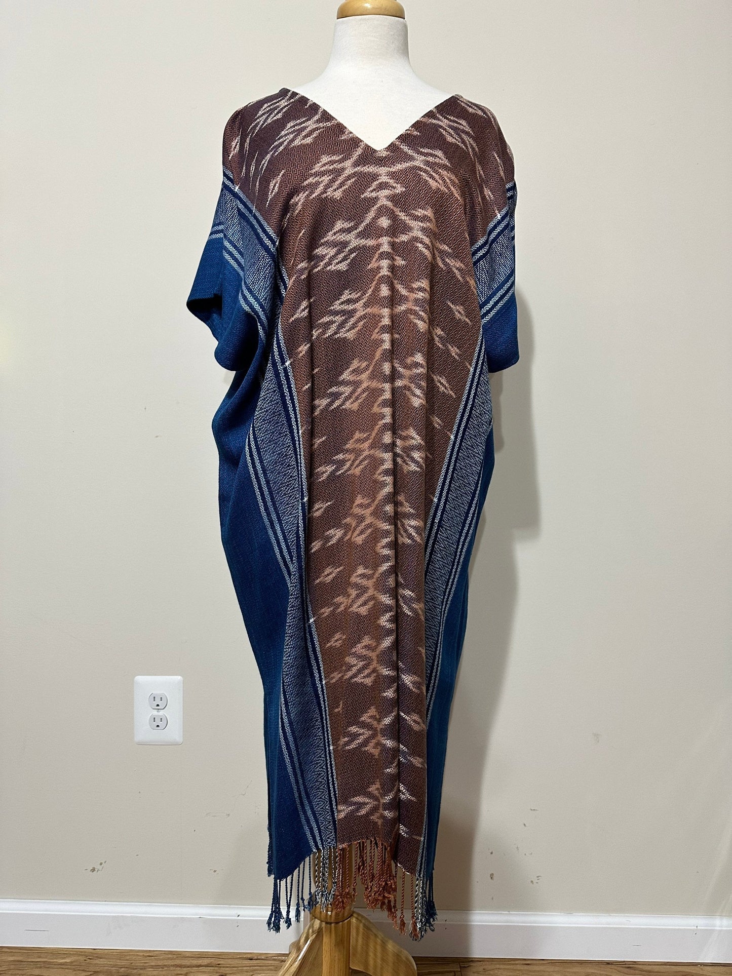 MALA handworks Ikat Hand Woven Pattern Kaftan in Indigo Blue with White and Organic Dye