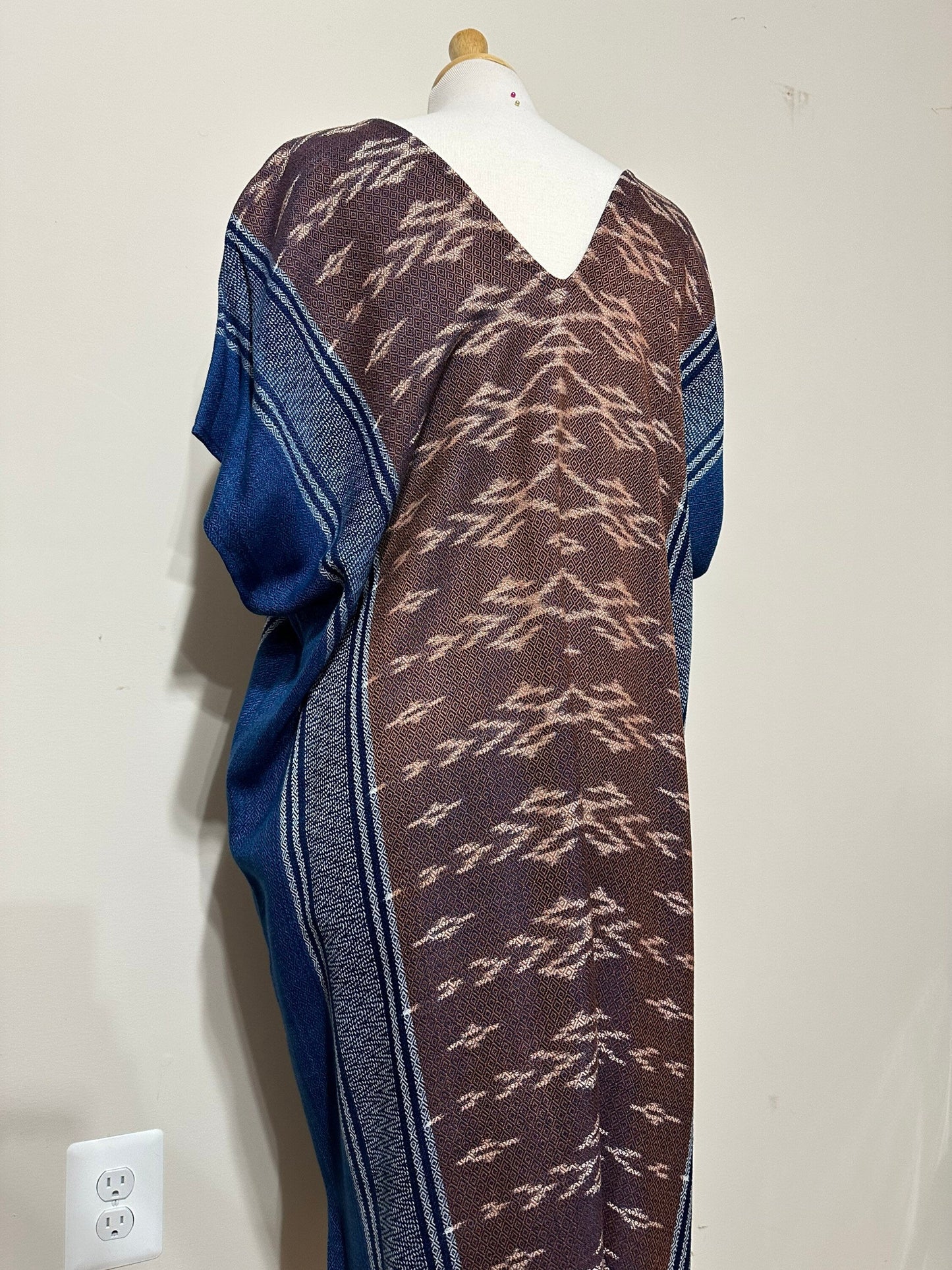 MALA handworks Ikat Hand Woven Pattern Kaftan in Indigo Blue with White and Organic Dye