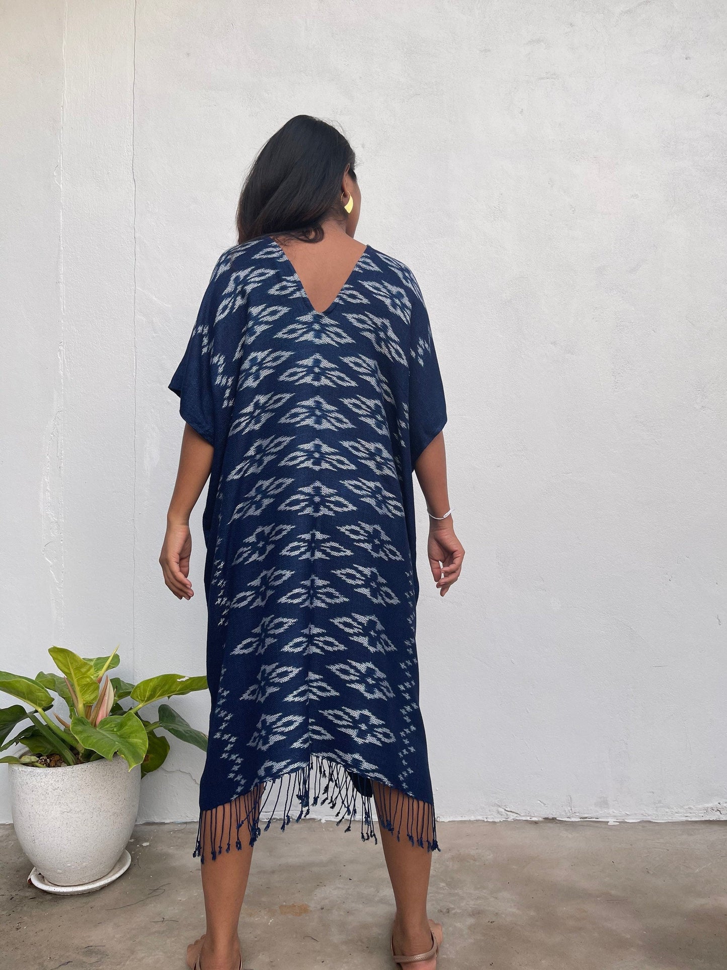 MALA handworks Ikat Hand Woven Pattern Kaftan in Indigo Blue with White and Organic Dye