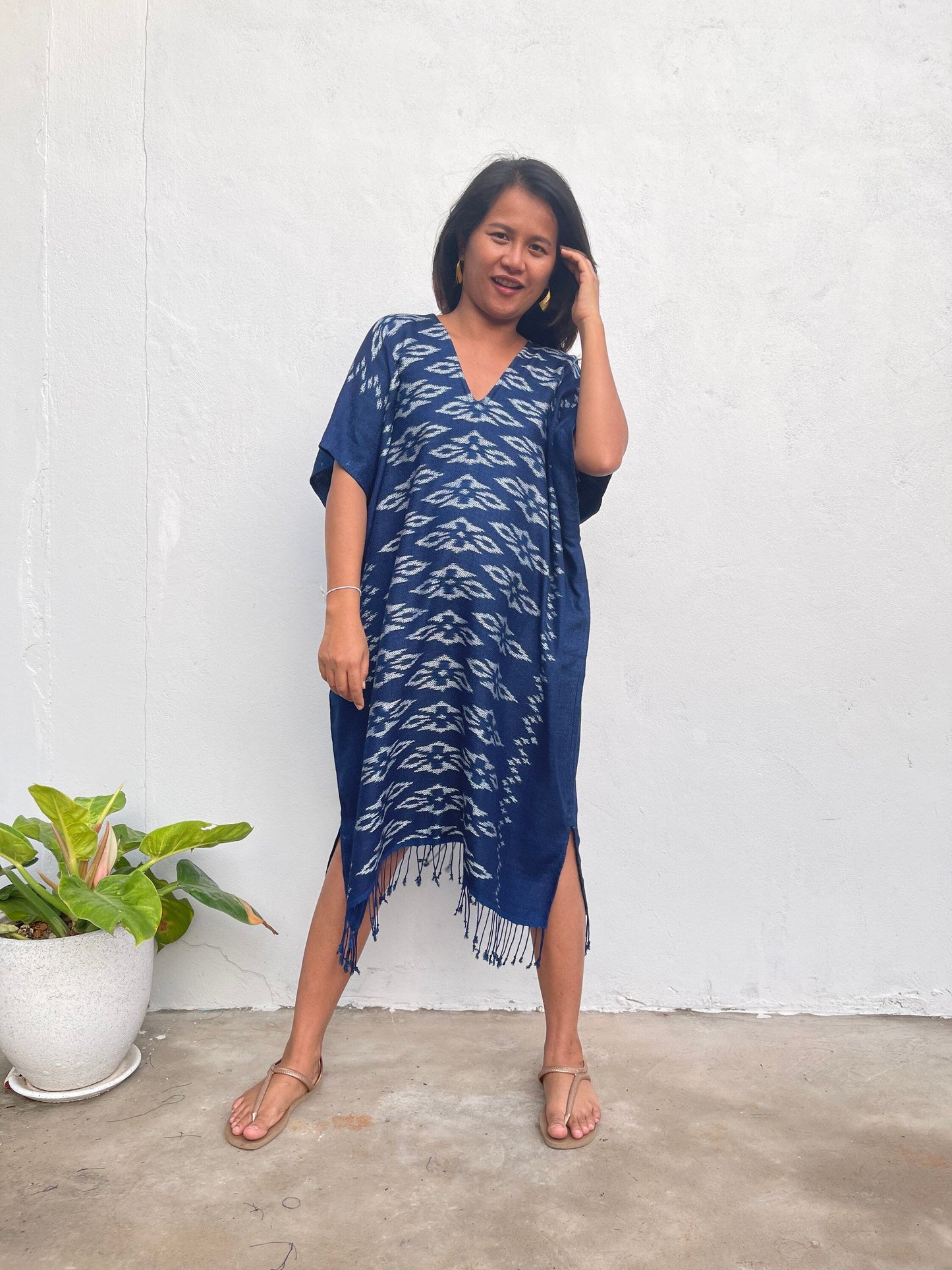MALA handworks Ikat Hand Woven Pattern Kaftan in Indigo Blue with White and Organic Dye