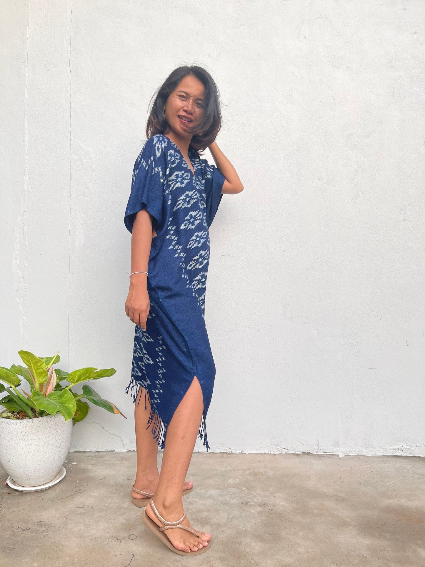 MALA handworks Ikat Hand Woven Pattern Kaftan in Indigo Blue with White and Organic Dye