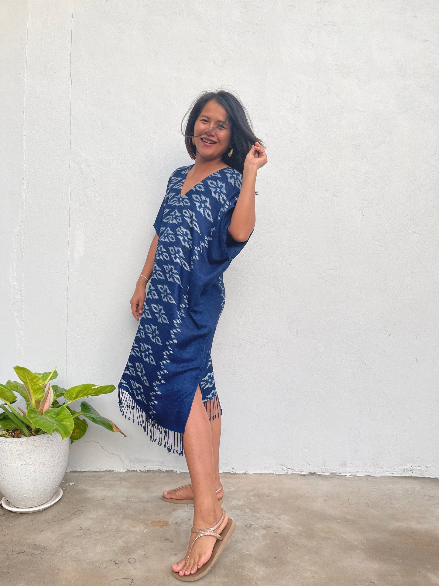 MALA handworks Ikat Hand Woven Pattern Kaftan in Indigo Blue with White and Organic Dye