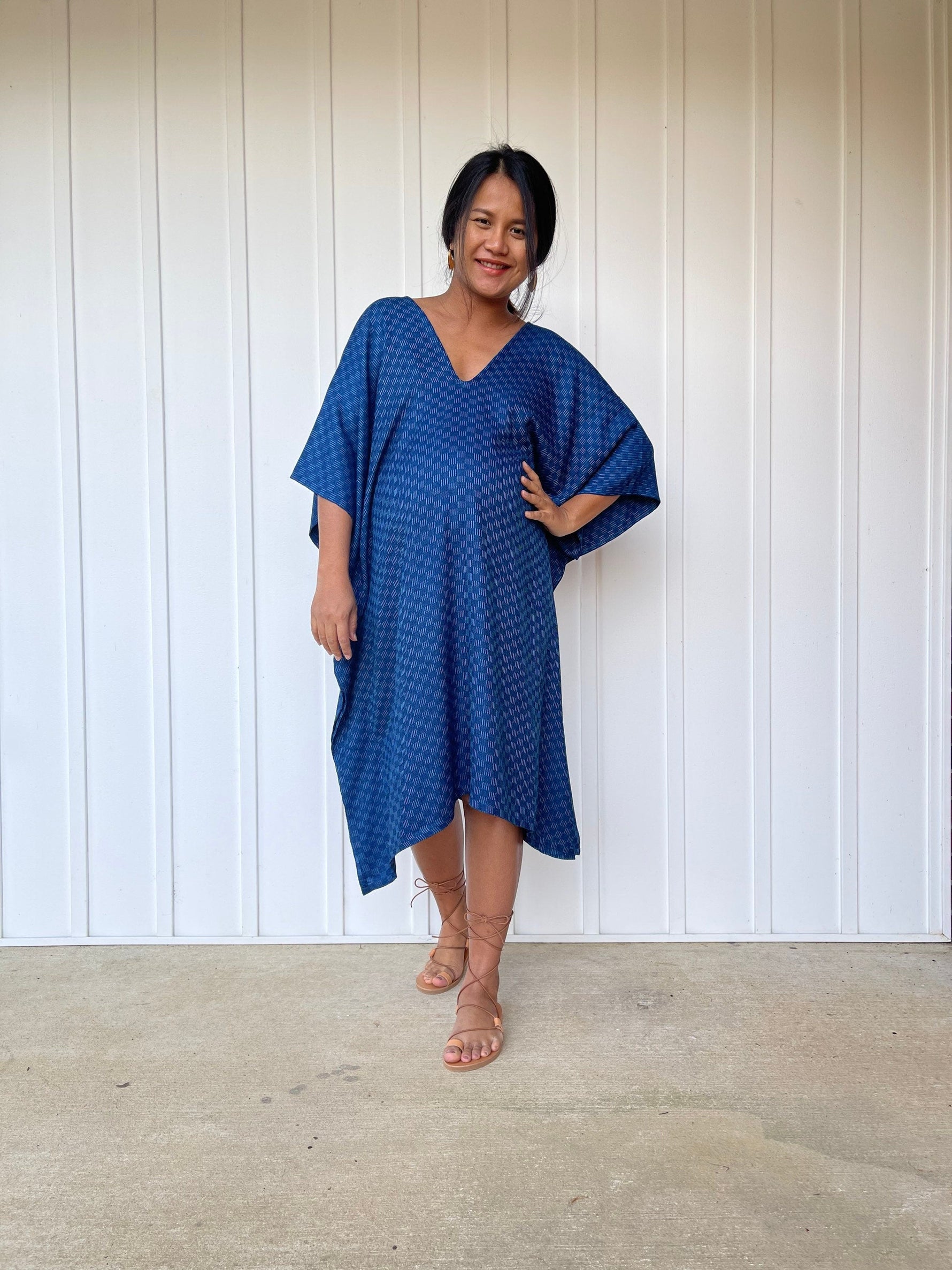 MALA handworks Ikat Hand Woven Pattern Kaftan in Indigo Blue with White and Organic Dye