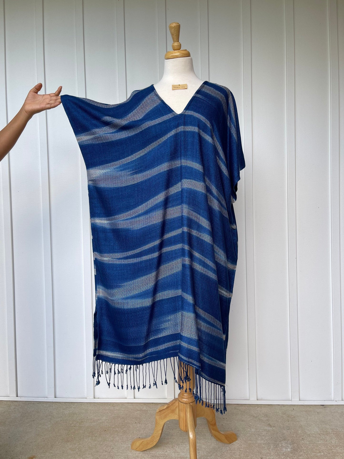 MALA handworks Ikat Hand Woven Pattern Kaftan in Indigo Blue with White and Organic Dye