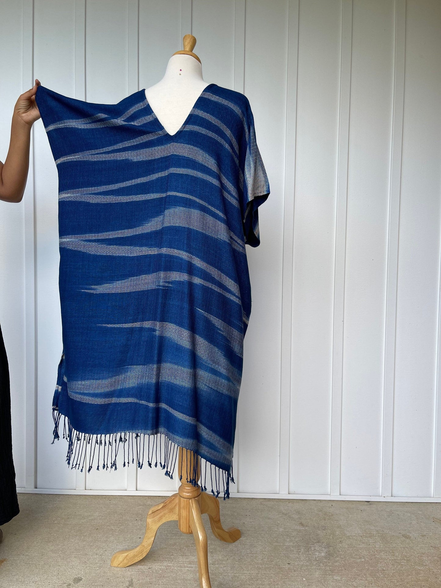 MALA handworks Ikat Hand Woven Pattern Kaftan in Indigo Blue with White and Organic Dye