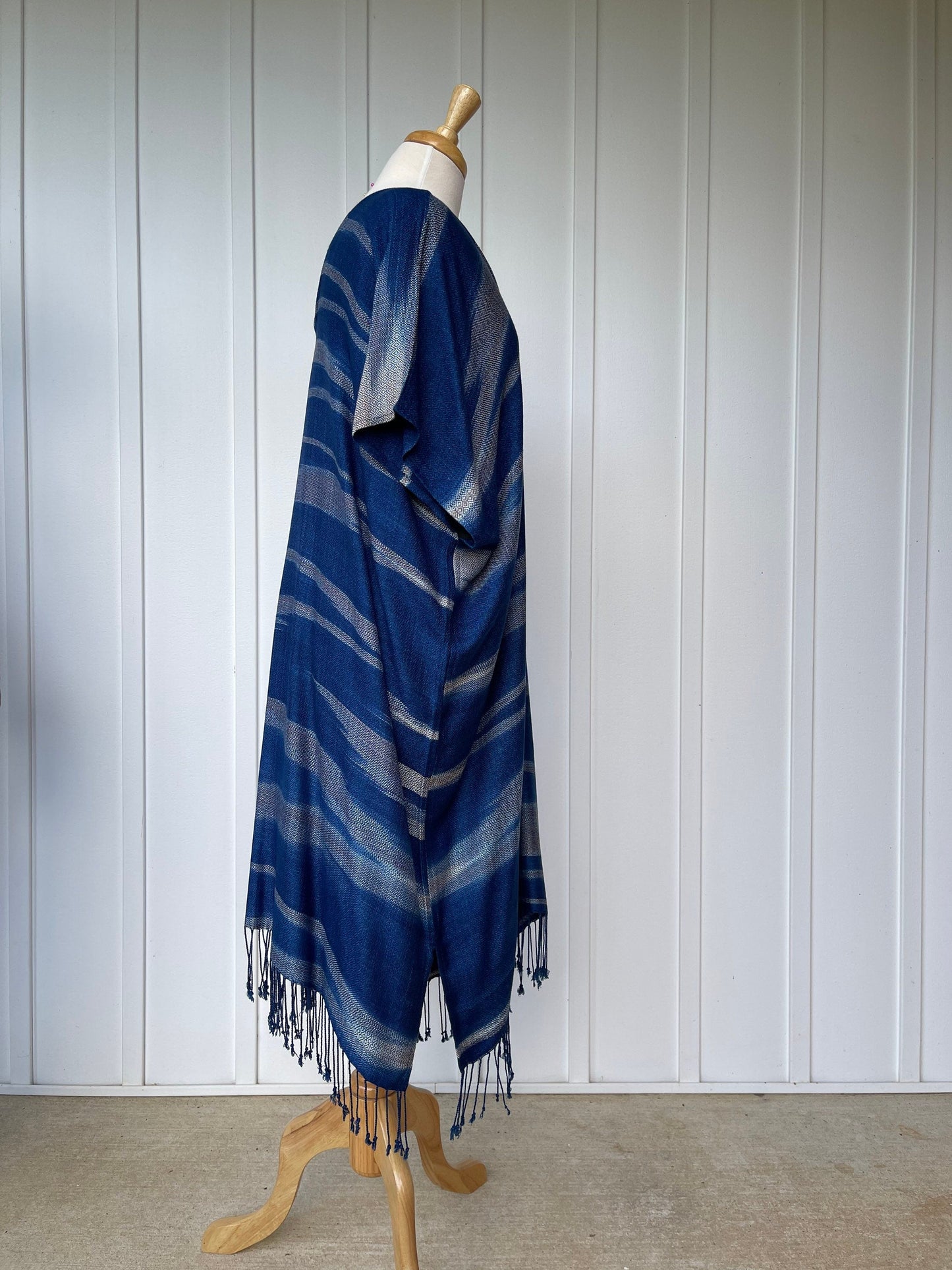 MALA handworks Ikat Hand Woven Pattern Kaftan in Indigo Blue with White and Organic Dye