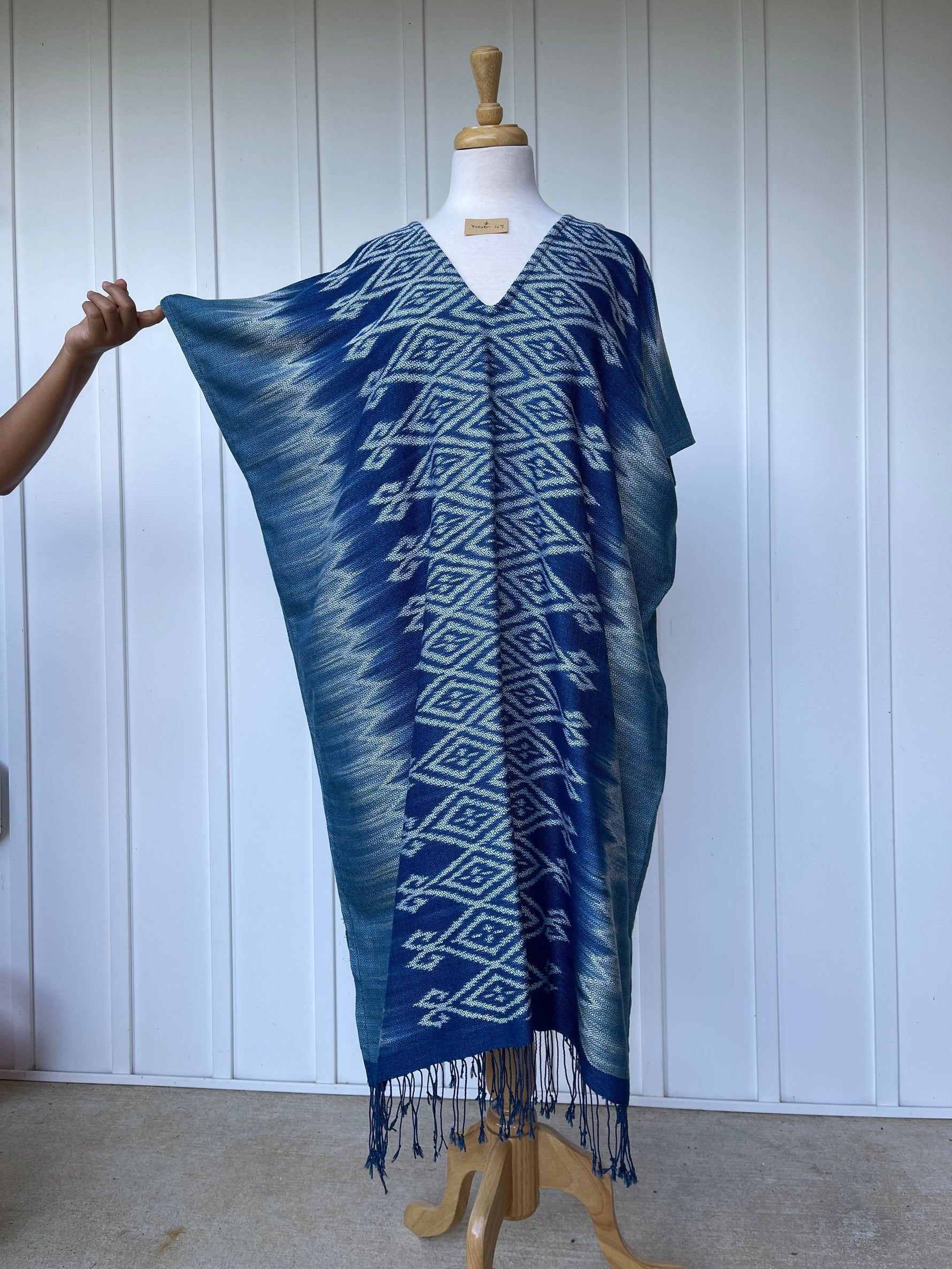 MALA handworks Ikat Hand Woven Pattern Kaftan in Indigo Blue with White and Organic Dye
