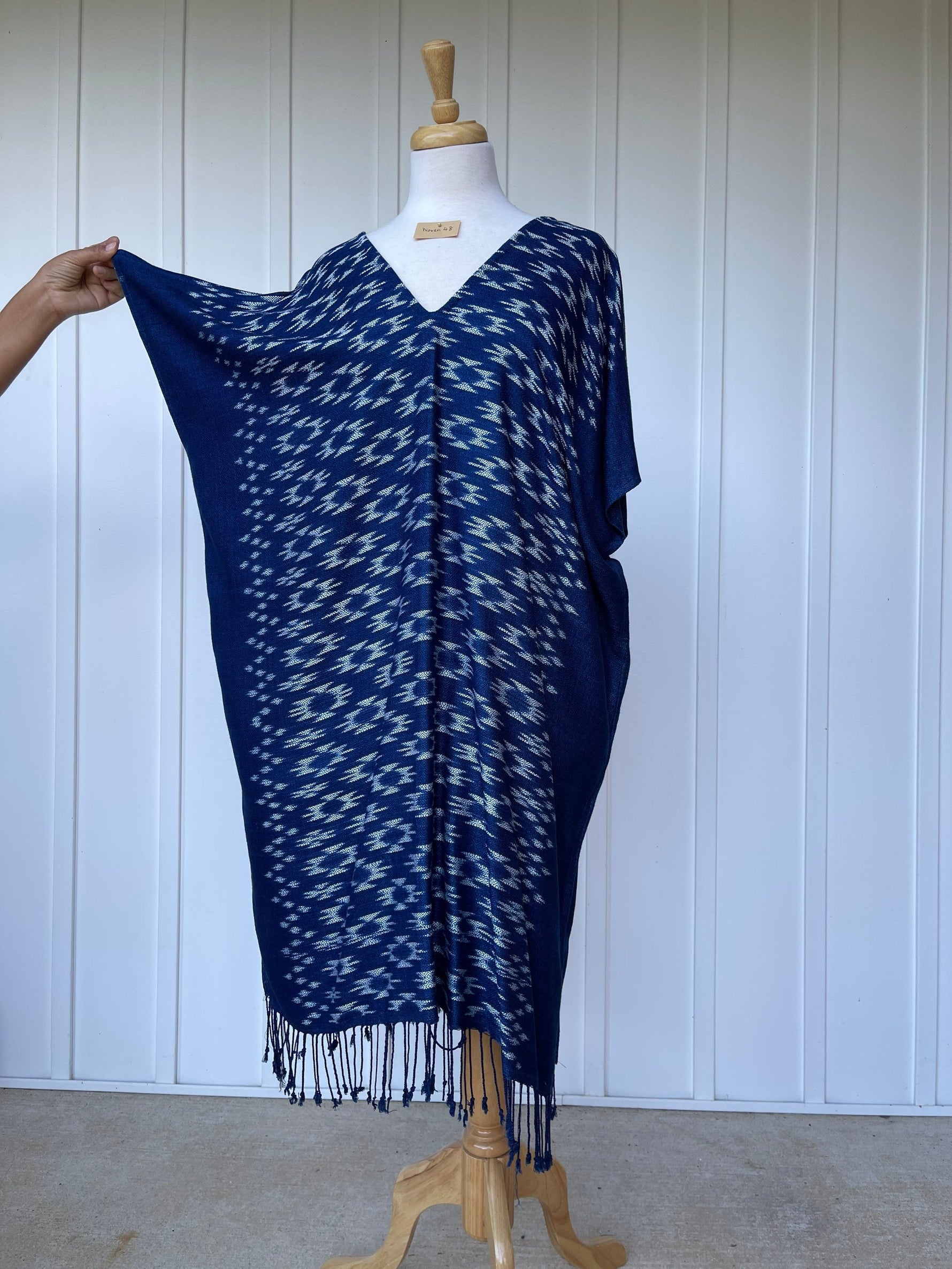 MALA handworks Ikat Hand Woven Pattern Kaftan in Indigo Blue with White and Organic Dye