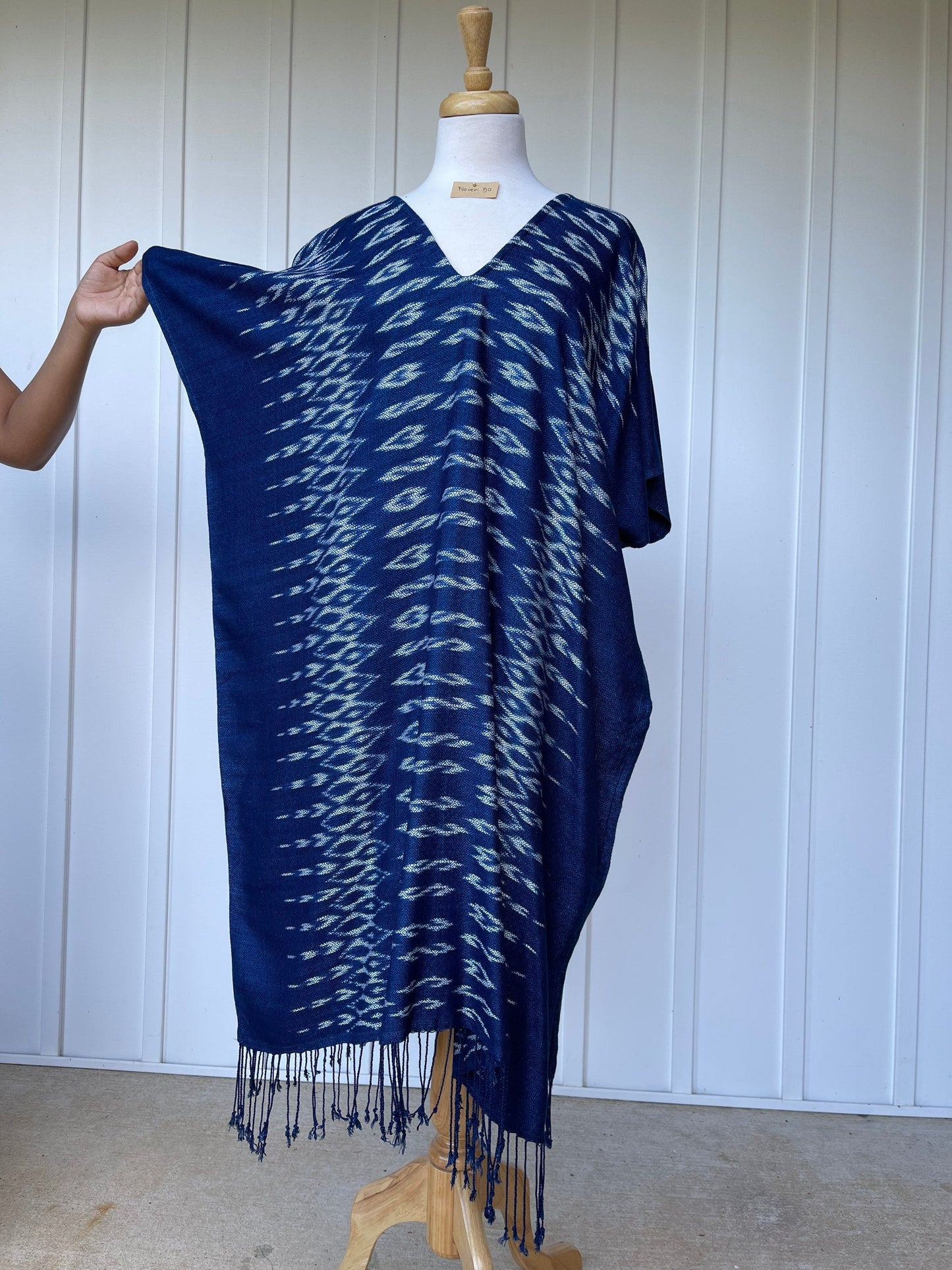 MALA handworks Ikat Hand Woven Pattern Kaftan in Indigo Blue with White and Organic Dye