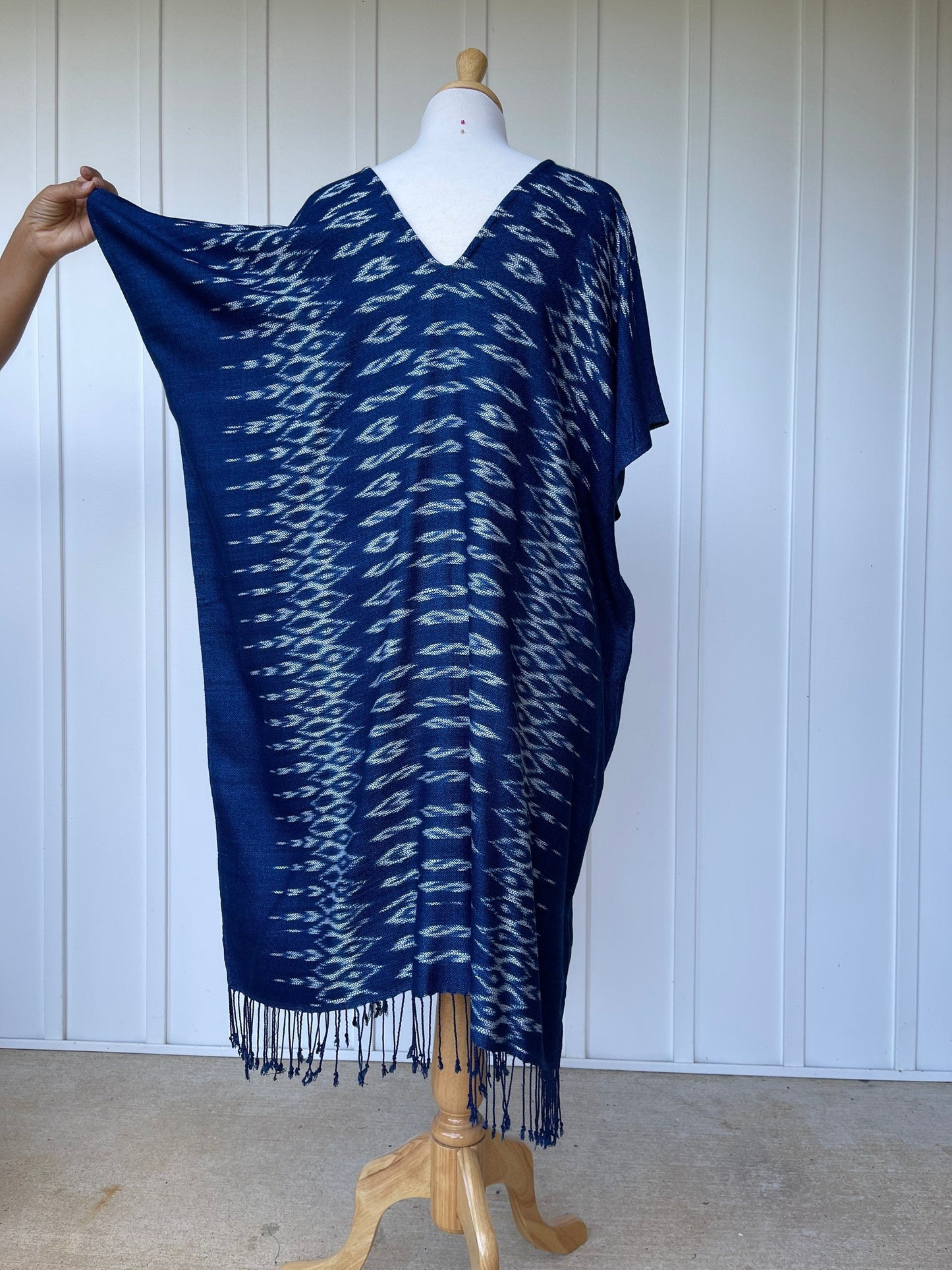 MALA handworks Ikat Hand Woven Pattern Kaftan in Indigo Blue with White and Organic Dye