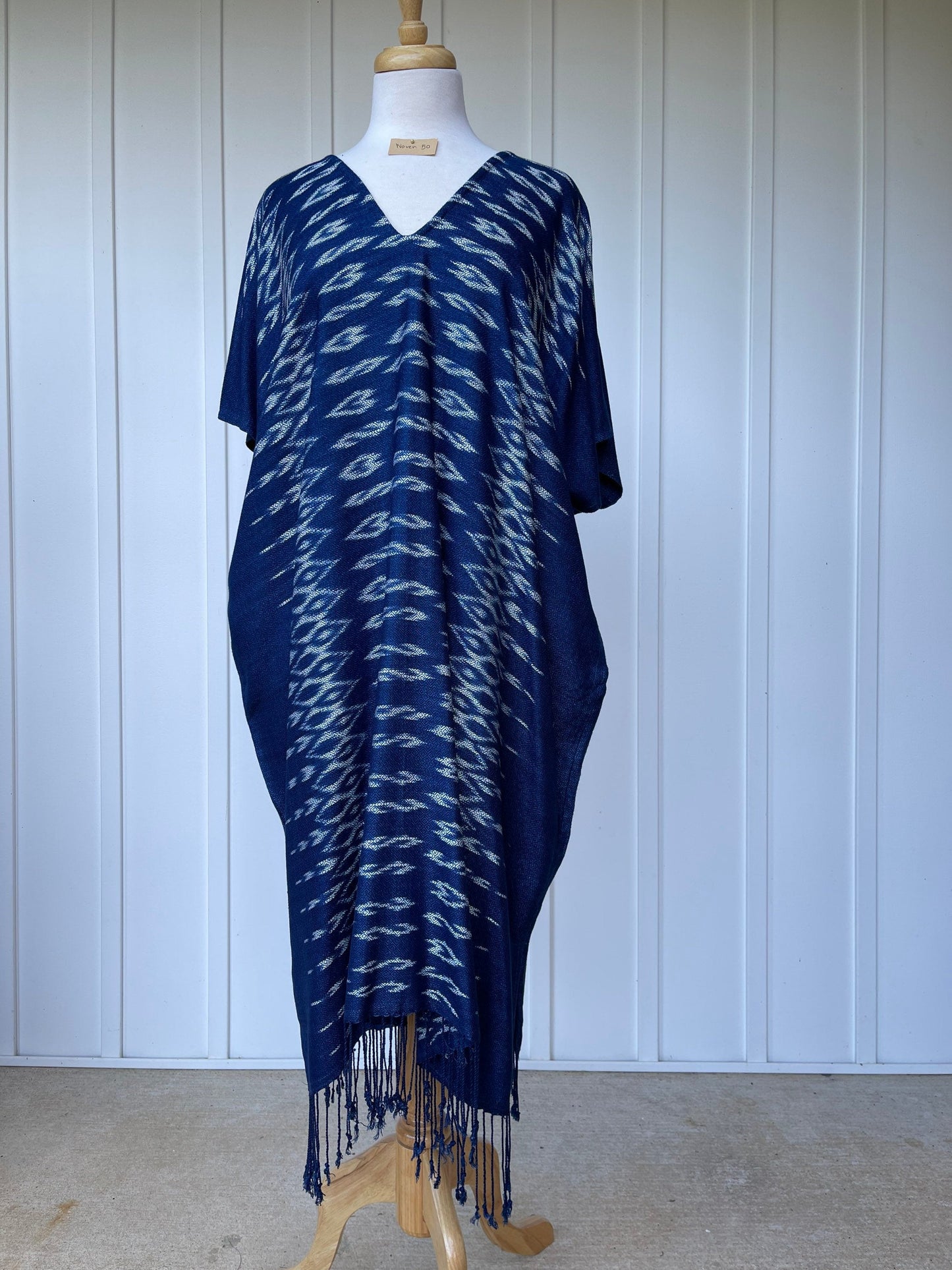 MALA handworks Ikat Hand Woven Pattern Kaftan in Indigo Blue with White and Organic Dye
