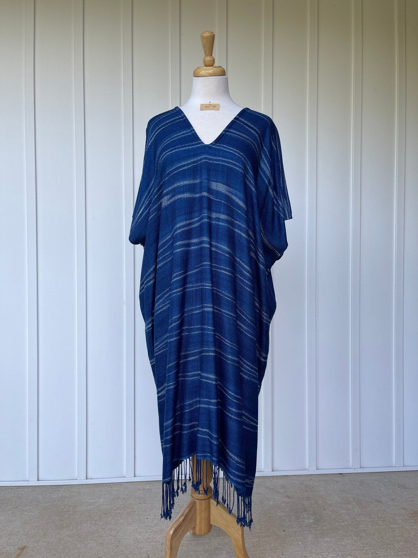 MALA handworks Ikat Hand Woven Pattern Kaftan in Indigo Blue with White and Organic Dye