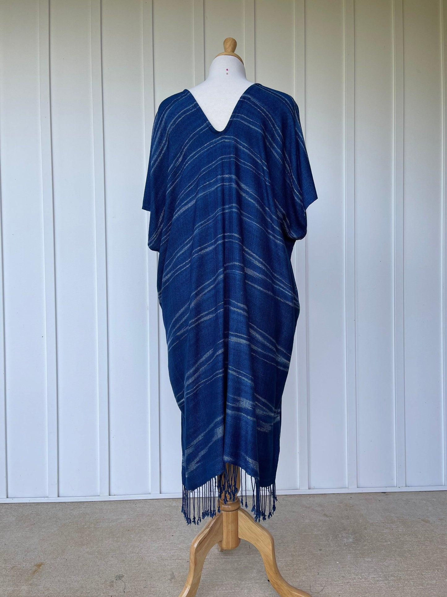 MALA handworks Ikat Hand Woven Pattern Kaftan in Indigo Blue with White and Organic Dye