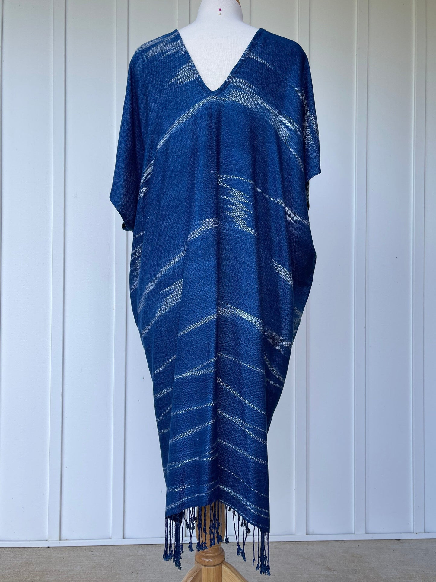 MALA handworks Ikat Hand Woven Pattern Kaftan in Indigo Blue with White and Organic Dye