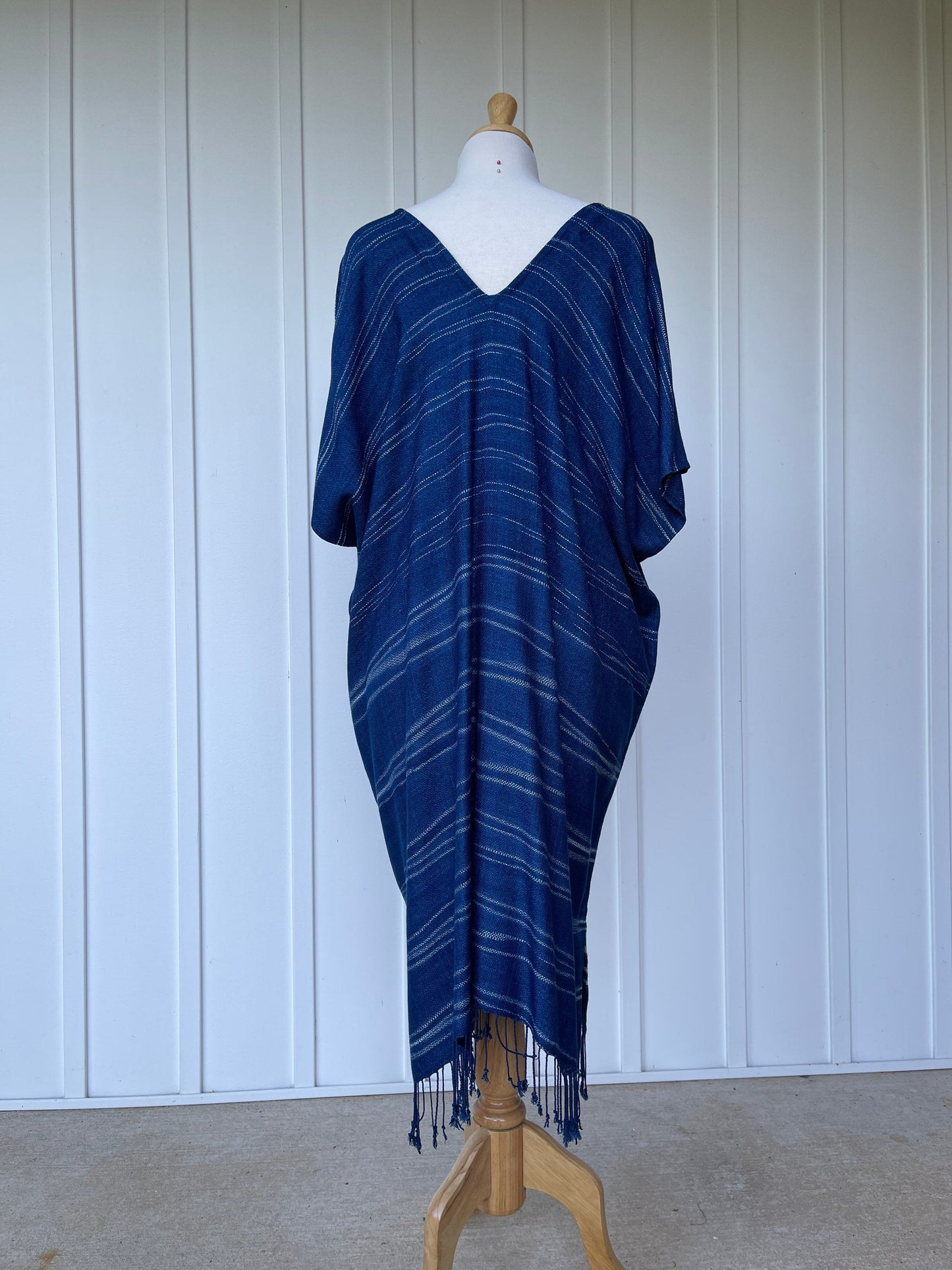 MALA handworks Ikat Hand Woven Pattern Kaftan in Indigo Blue with White and Organic Dye